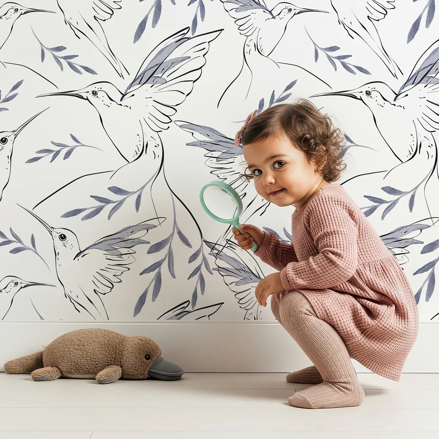 Lovely child standing in front of Whimsy Tots Indigo Leaf Hummingbird Wallpaper with hummingbird, leaf, bird, branch in design.