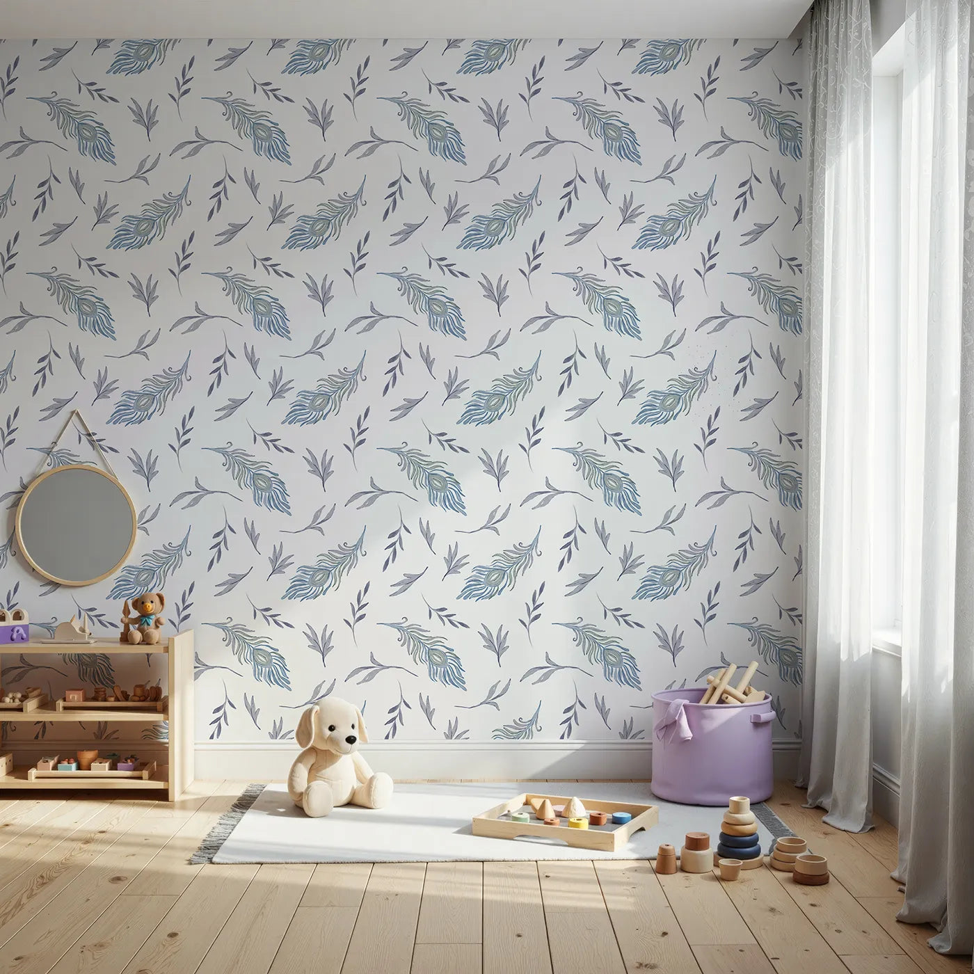 Front view of Whimsy Tots' Feather and Foliage Dance Wallpaper in Mist Blue