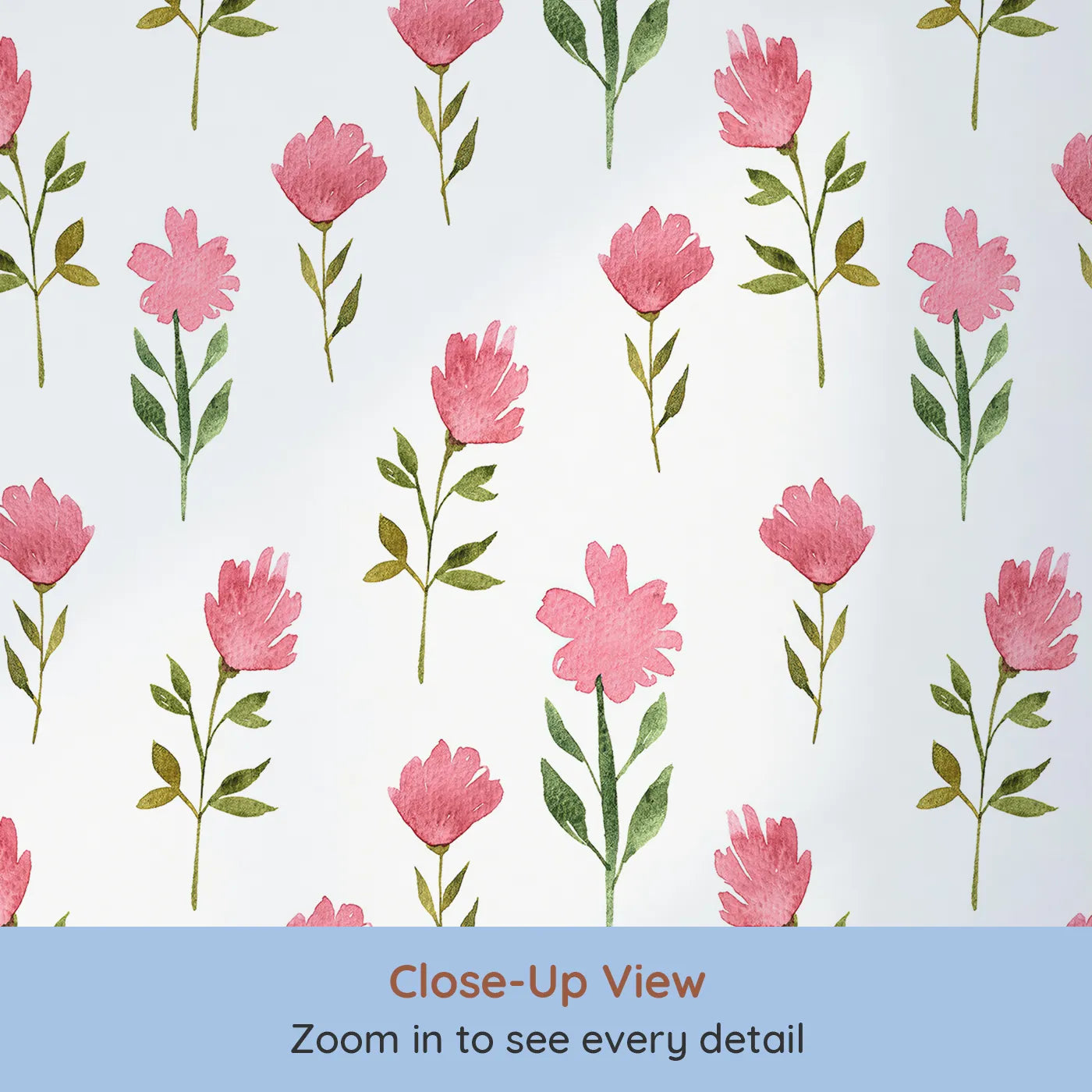 Close-up view of Whimsy Tots' Pink Meadow Blossoms Wallpaper in White (W3263A).Bright pink blooms dance gently on a fresh meadow breeze.