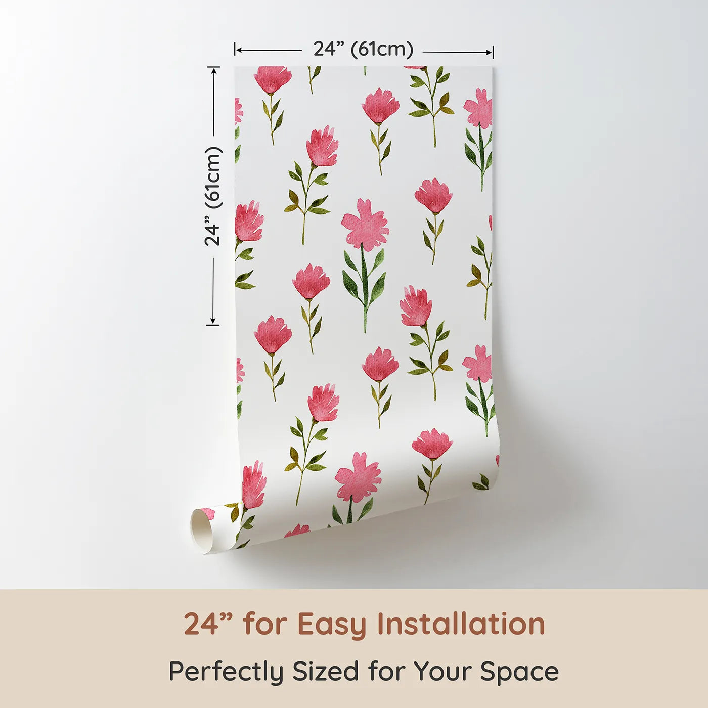 Dimension view of Whimsy Tots Pink Meadow Blossoms Wallpaper in White (W3263A). Printed in 24-inch-wide panel for easy installation. Bright pink blooms dance gently on a fresh meadow breeze.