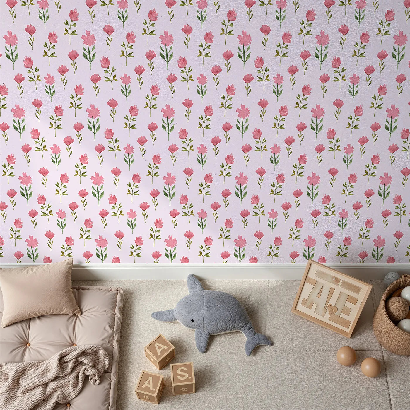 Top-Down view of Whimsy Tots' Pink Meadow Blossoms Wallpaper in Blush (W3263B).Rosy blooms pop gently against a soft pink sky.