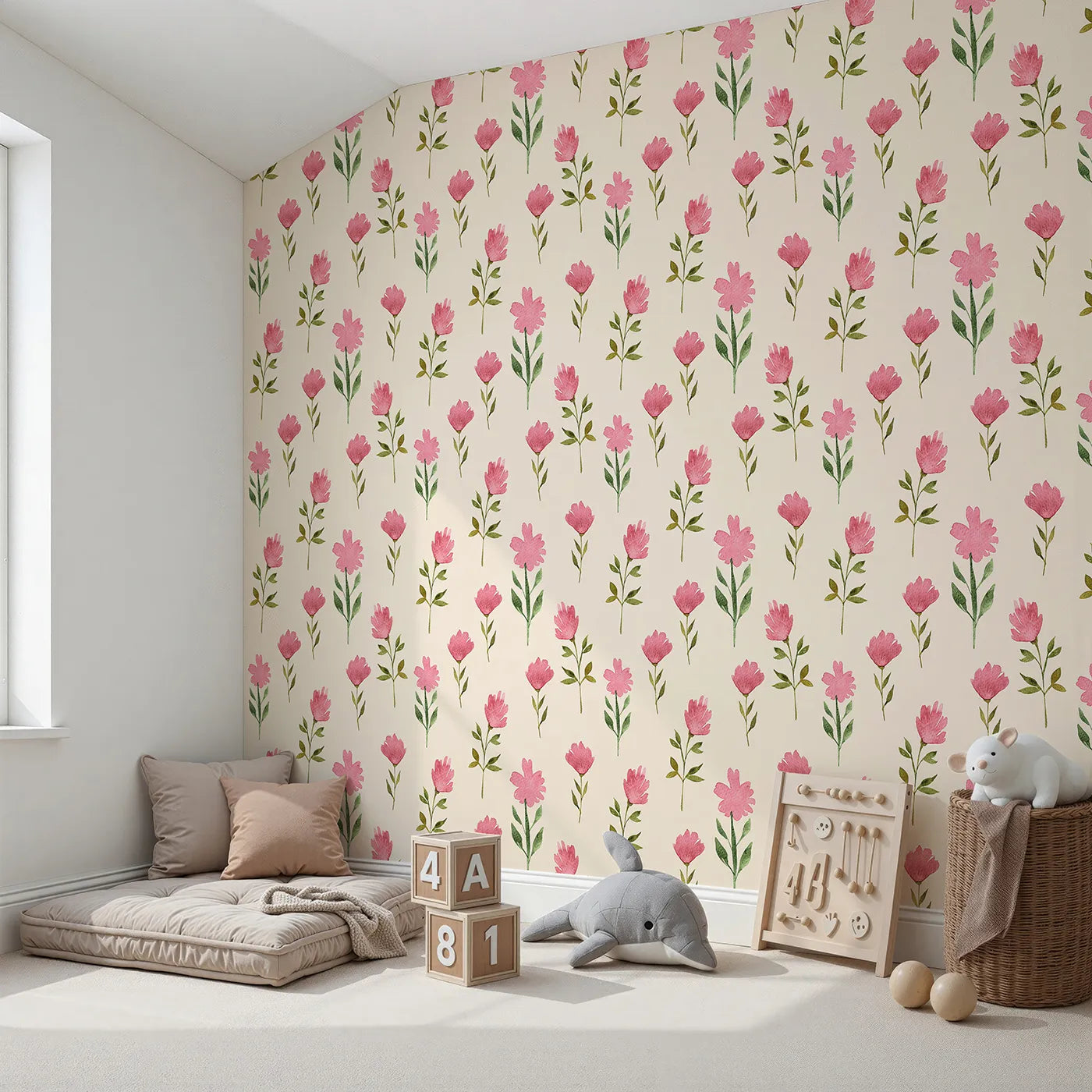 Angled view of Whimsy Tots' Pink Meadow Blossoms Wallpaper in Cream (W3263C).Rosy blooms scatter gently across a warm cream sky.