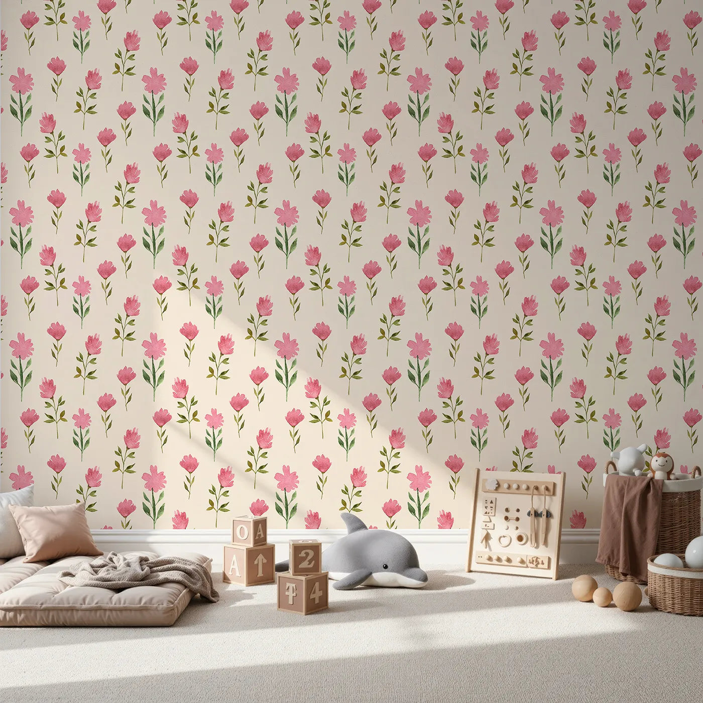 Front view of Whimsy Tots' Pink Meadow Blossoms Wallpaper in Cream