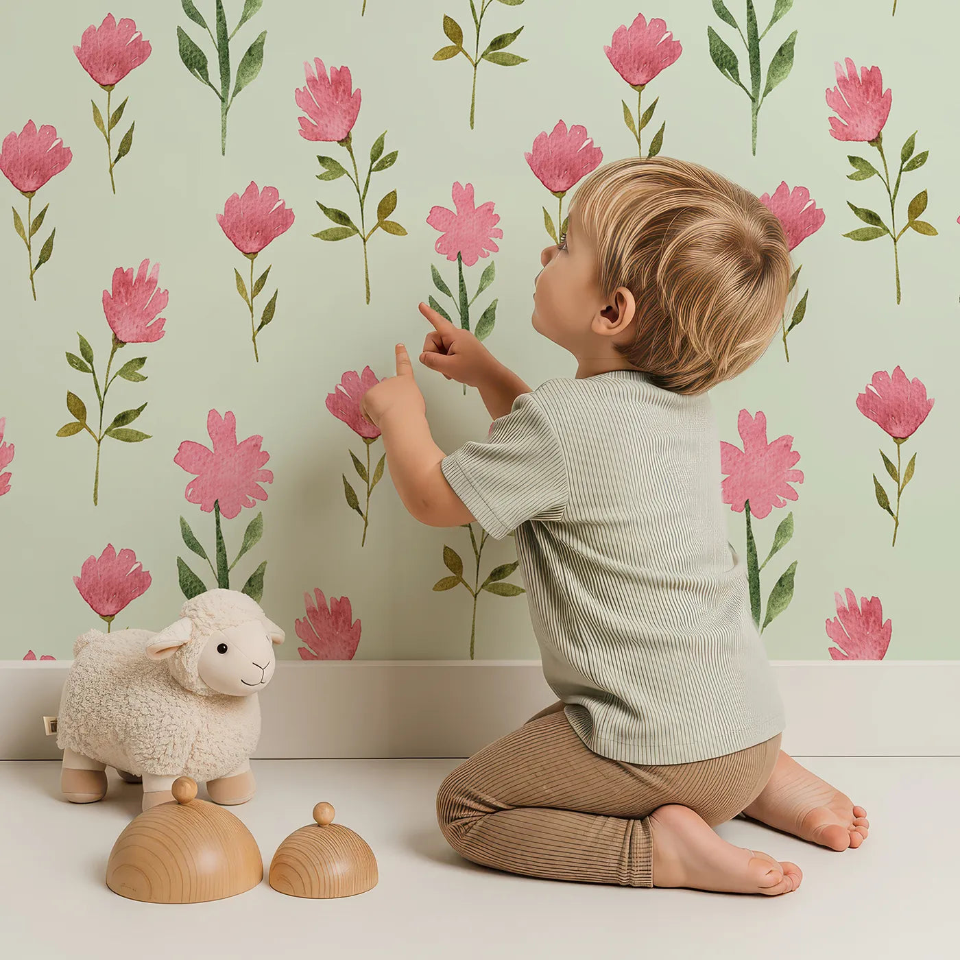 Lovely child standing in front of Whimsy Tots Pink Meadow Blossoms Wallpaper in Mint with flower, leaf in design.