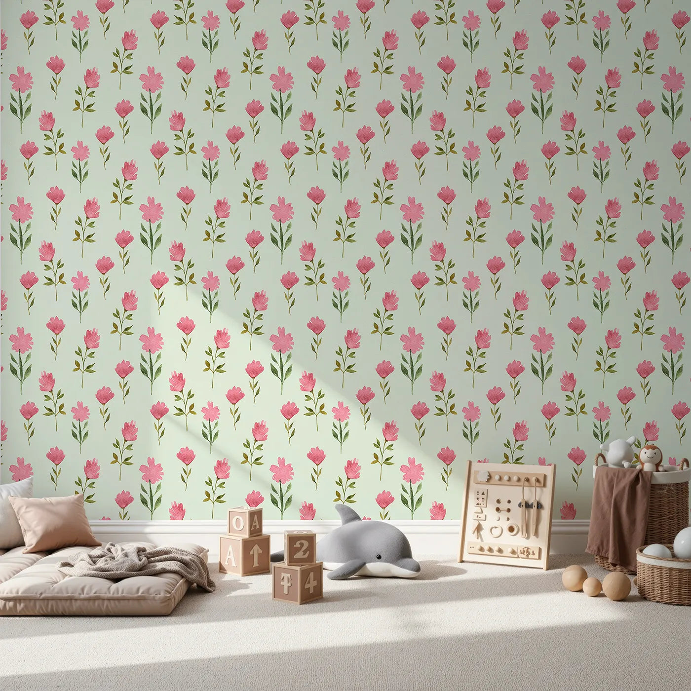 Front view of Whimsy Tots' Pink Meadow Blossoms Wallpaper in Mint