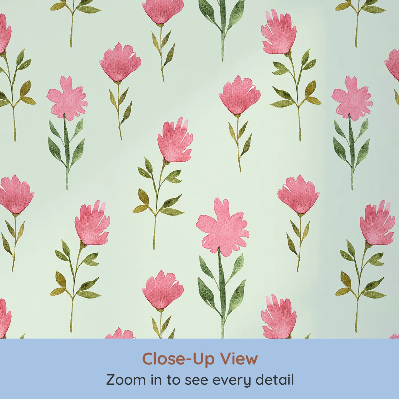 Close-up view of Whimsy Tots' Pink Meadow Blossoms Wallpaper in Mint (W3263D).Blossoms bloom gently against a breezy mint meadow.