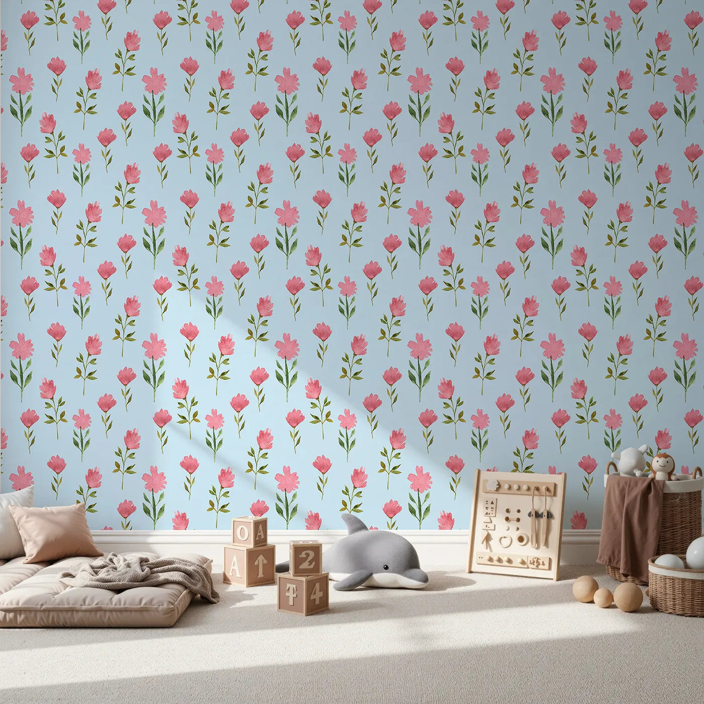 Front view of Whimsy Tots' Pink Meadow Blossoms Wallpaper in Sky Blue