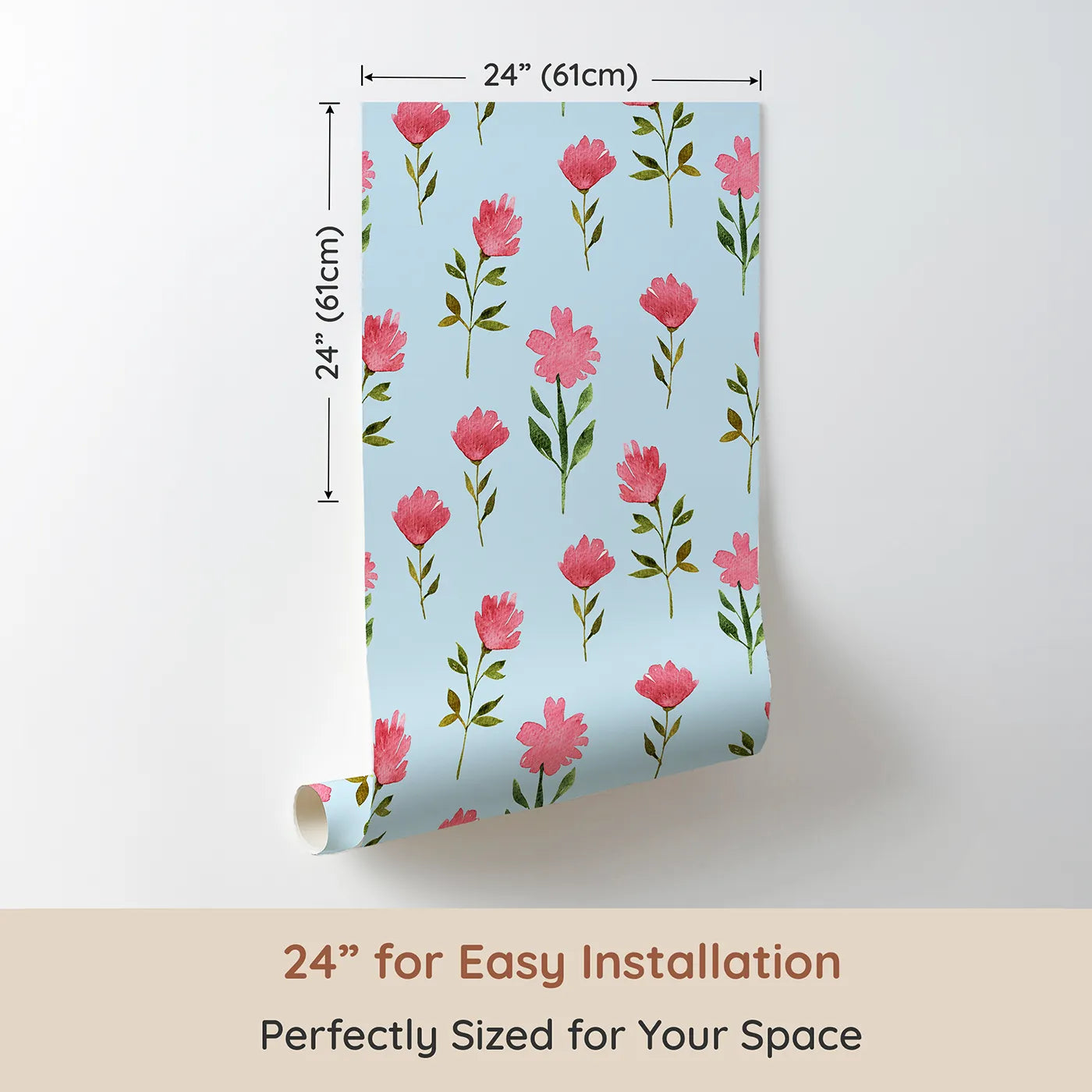 Dimension view of Whimsy Tots Pink Meadow Blossoms Wallpaper in Sky Blue (W3263E). Printed in 24-inch-wide panel for easy installation. Pink petals bloom brightly against a breezy sky blue background.