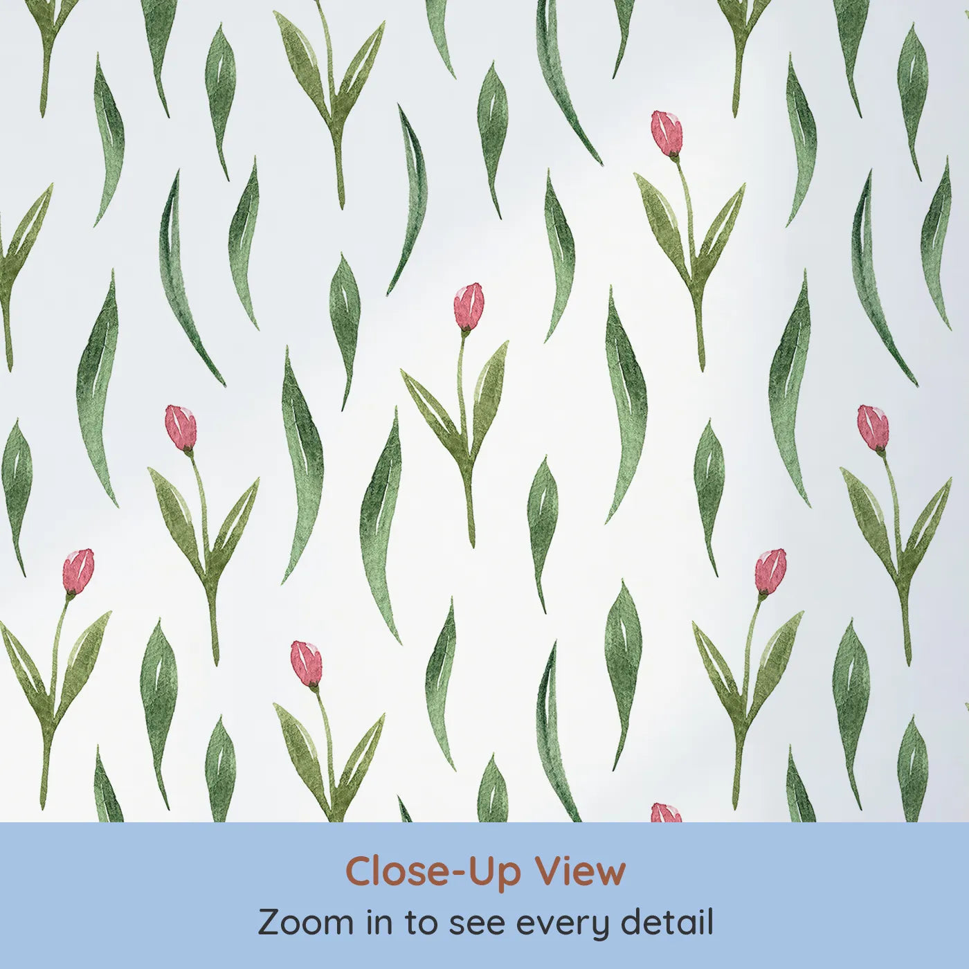 Close-up view of Whimsy Tots' Tulip Meadow Dots Wallpaper in White (W3264A).Tiny tulips and leaves dot the walls like nature’s confetti.