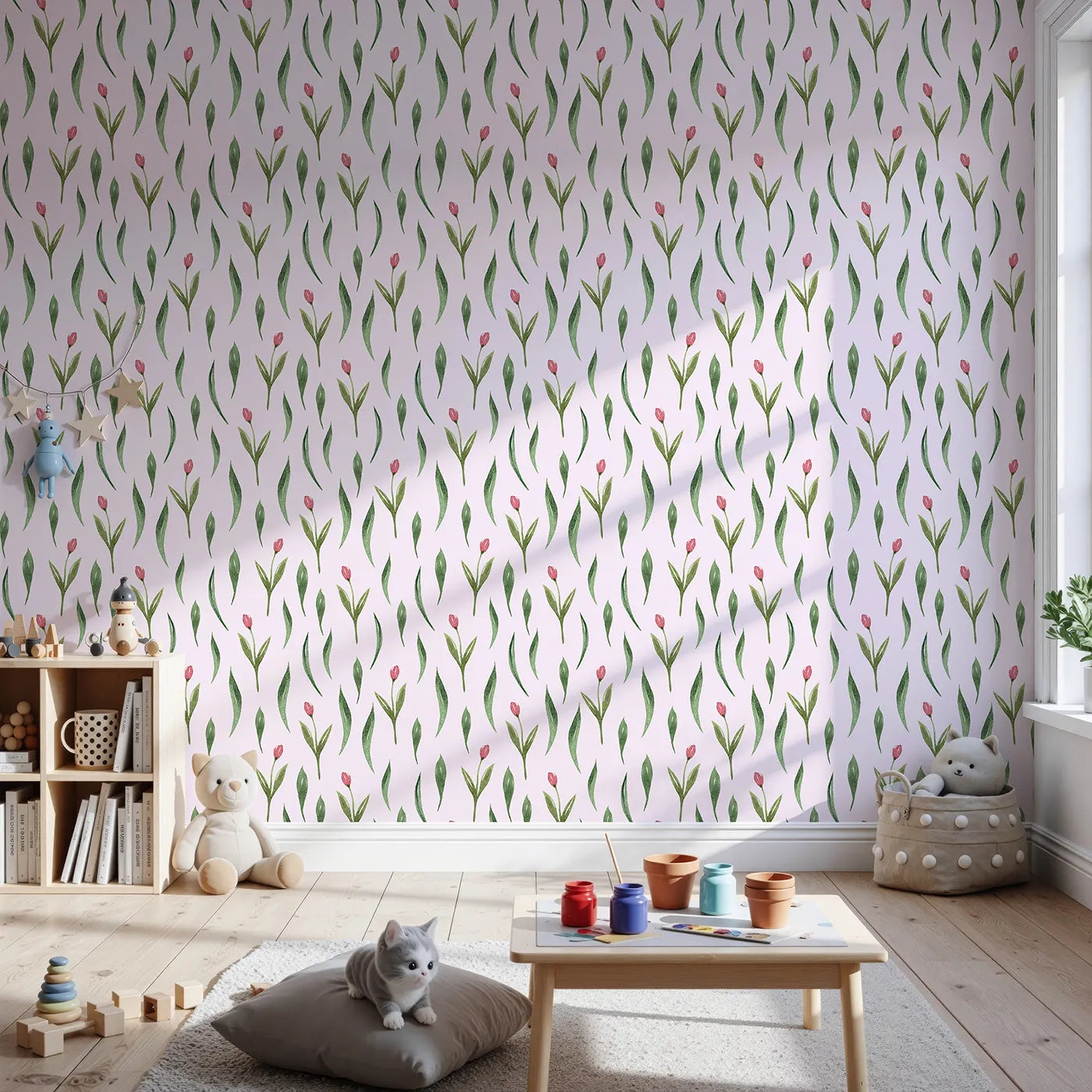 Front view of Whimsy Tots' Tulip Meadow Dots Wallpaper in Blush Pink