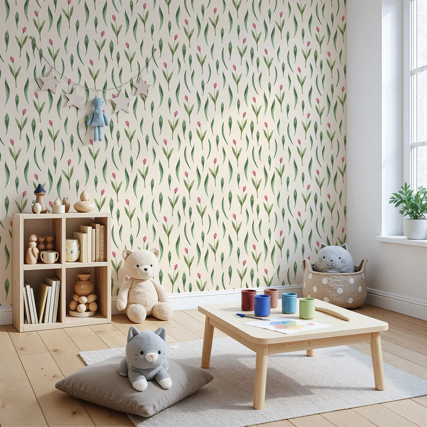 Angled view of Whimsy Tots' Tulip Meadow Dots Wallpaper in Cream (W3264C).Little tulips scatter softly across a cozy cream canvas.