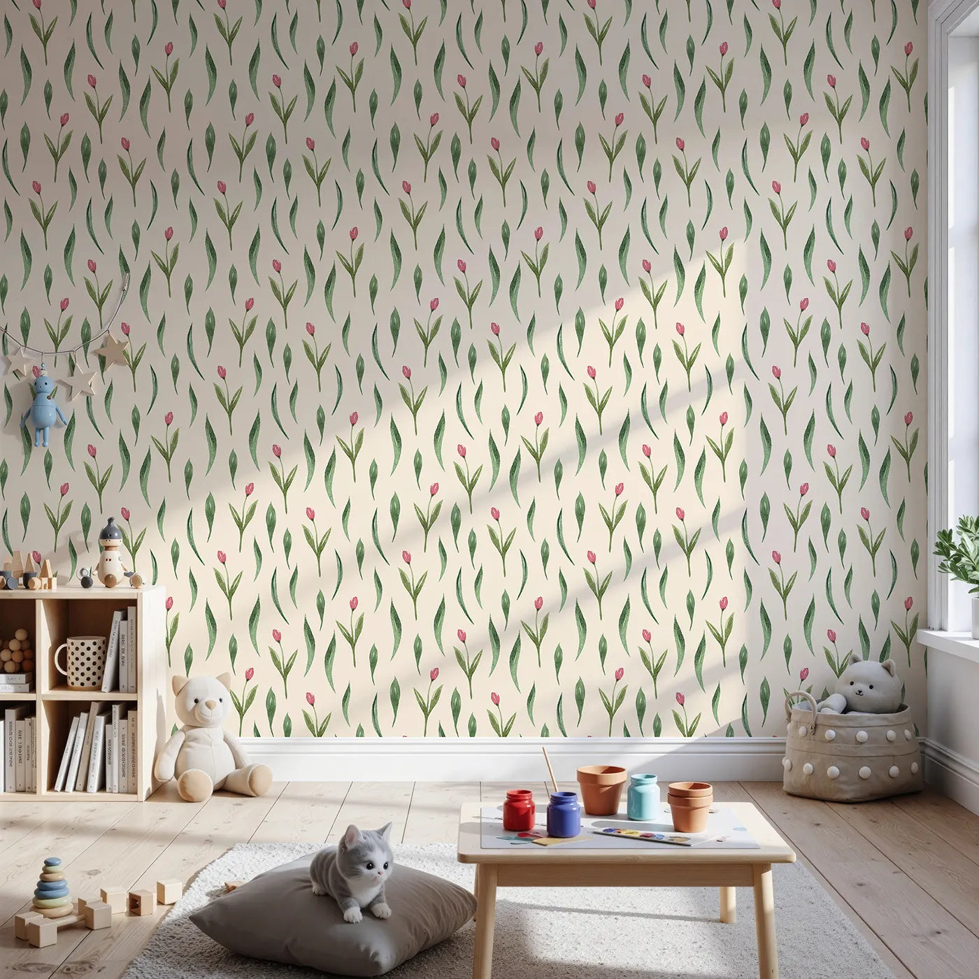 Front view of Whimsy Tots' Tulip Meadow Dots Wallpaper in Cream
