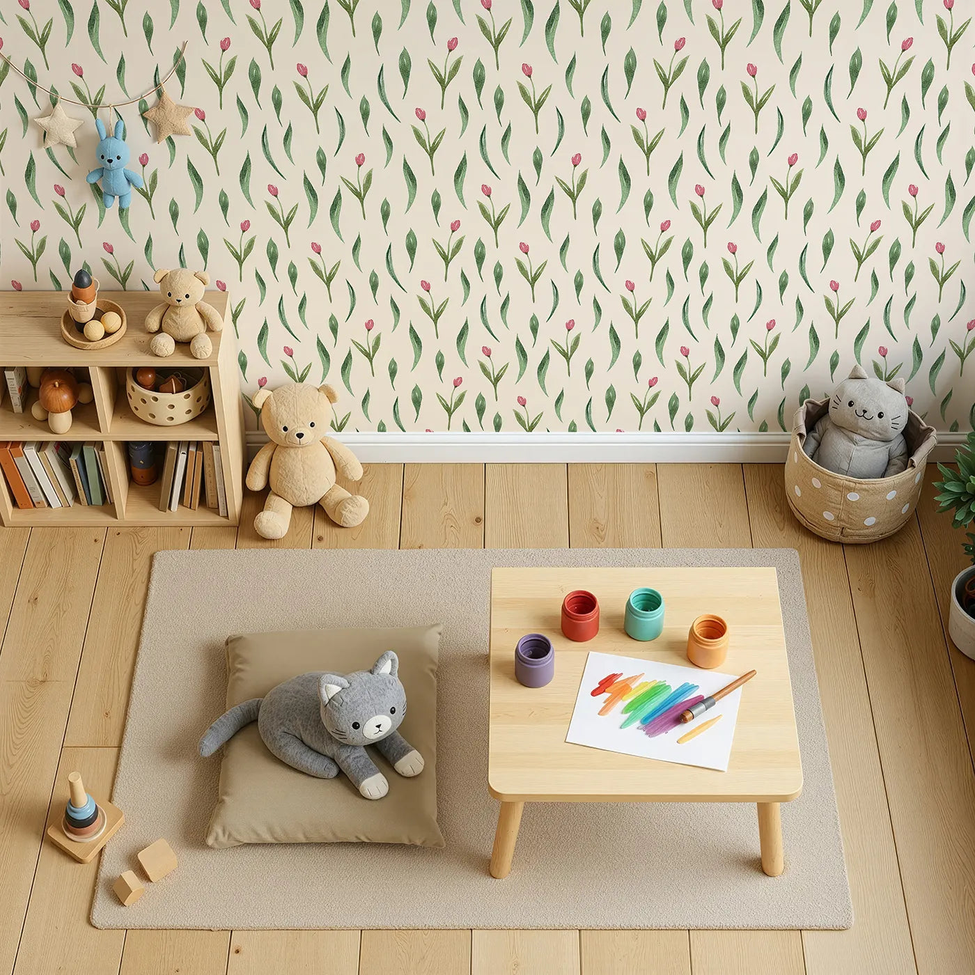 Top-Down view of Whimsy Tots' Tulip Meadow Dots Wallpaper in Cream (W3264C).Little tulips scatter softly across a cozy cream canvas.