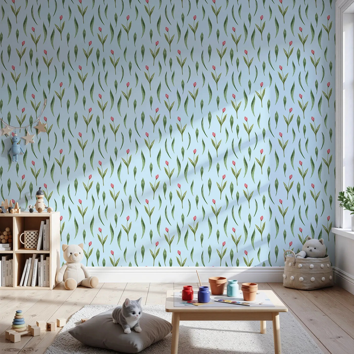 Front view of Whimsy Tots' Tulip Meadow Dots Wallpaper in Sky Blue