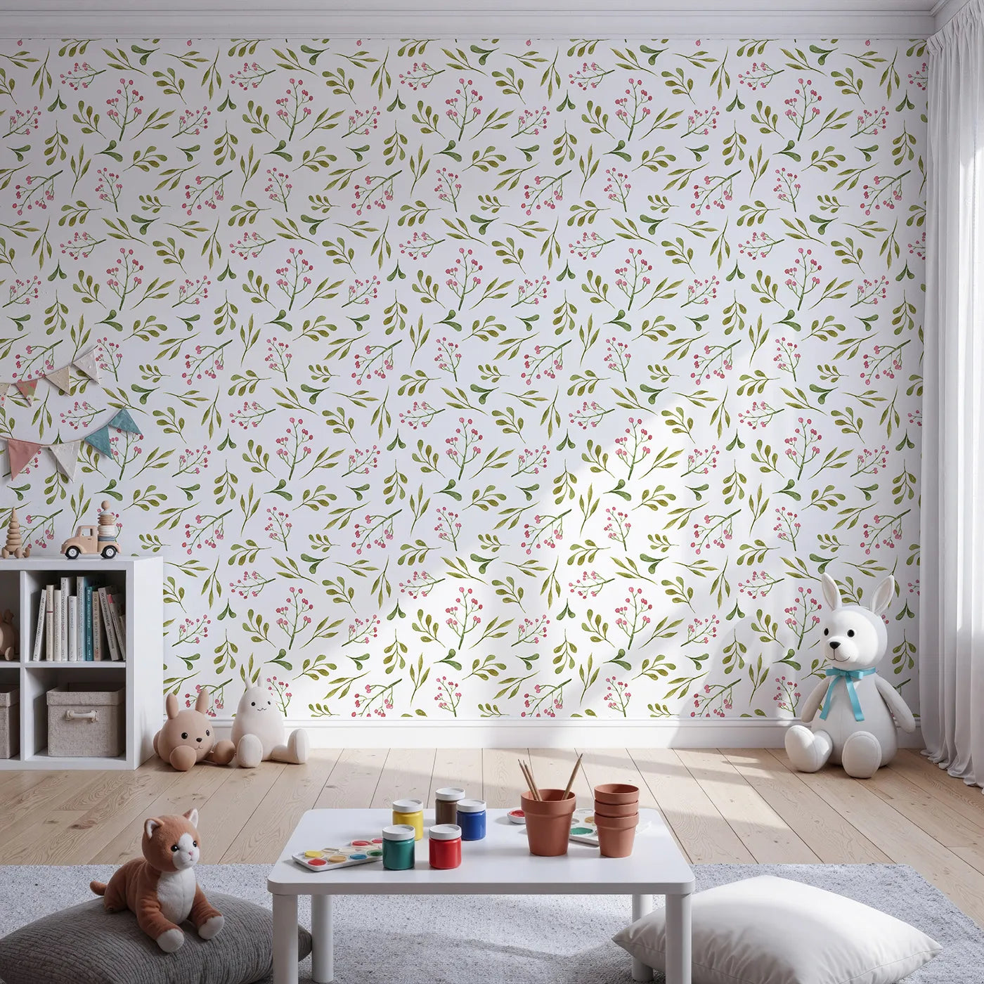 Front view of Whimsy Tots' Botanical Berry Sprigs Wallpaper in White