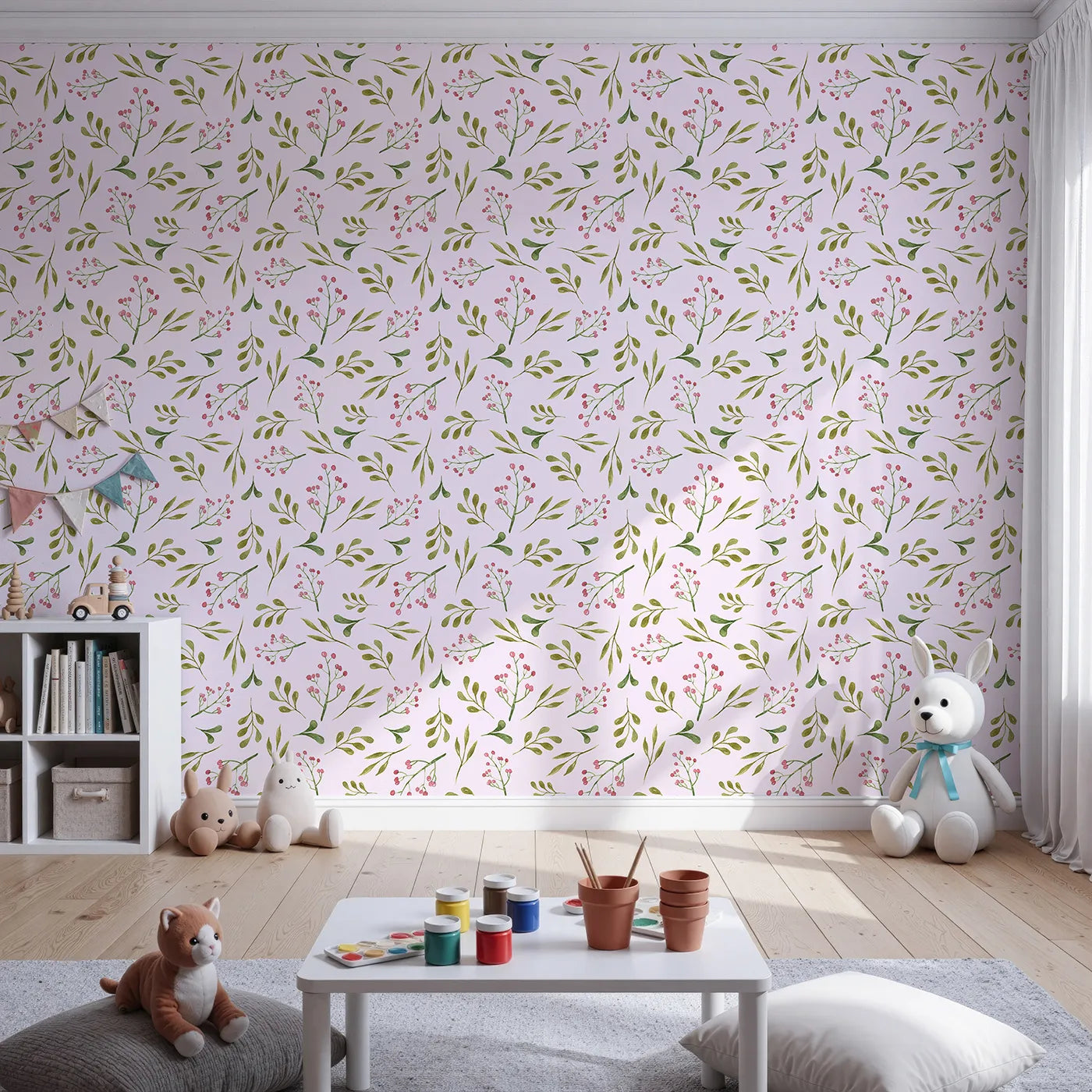 Front view of Whimsy Tots' Botanical Berry Sprigs Wallpaper in Blush Pink