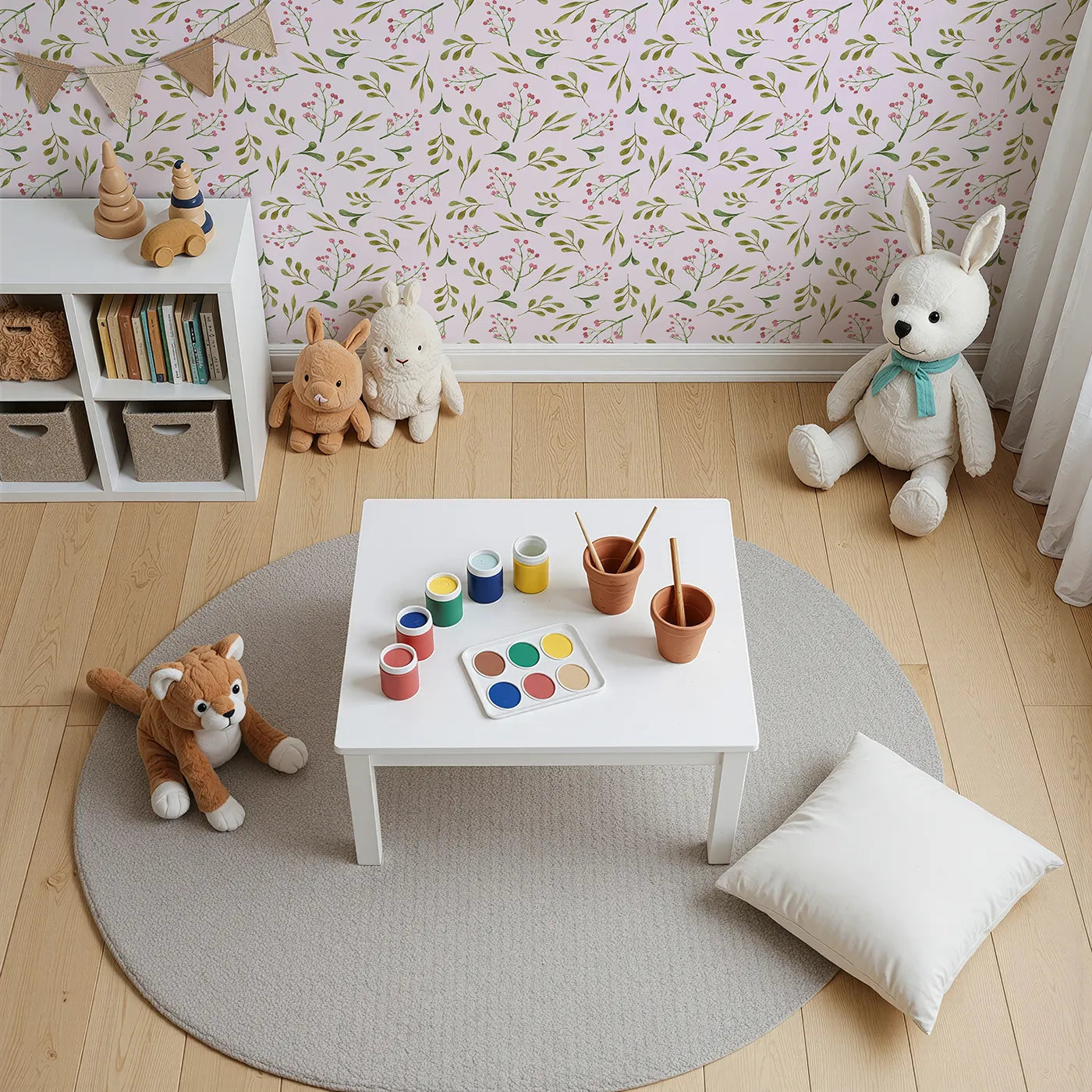 Top-Down view of Whimsy Tots' Botanical Berry Sprigs Wallpaper in Blush Pink (W3265B).Gentle green sprigs and pink berries bloom on a blush sky.