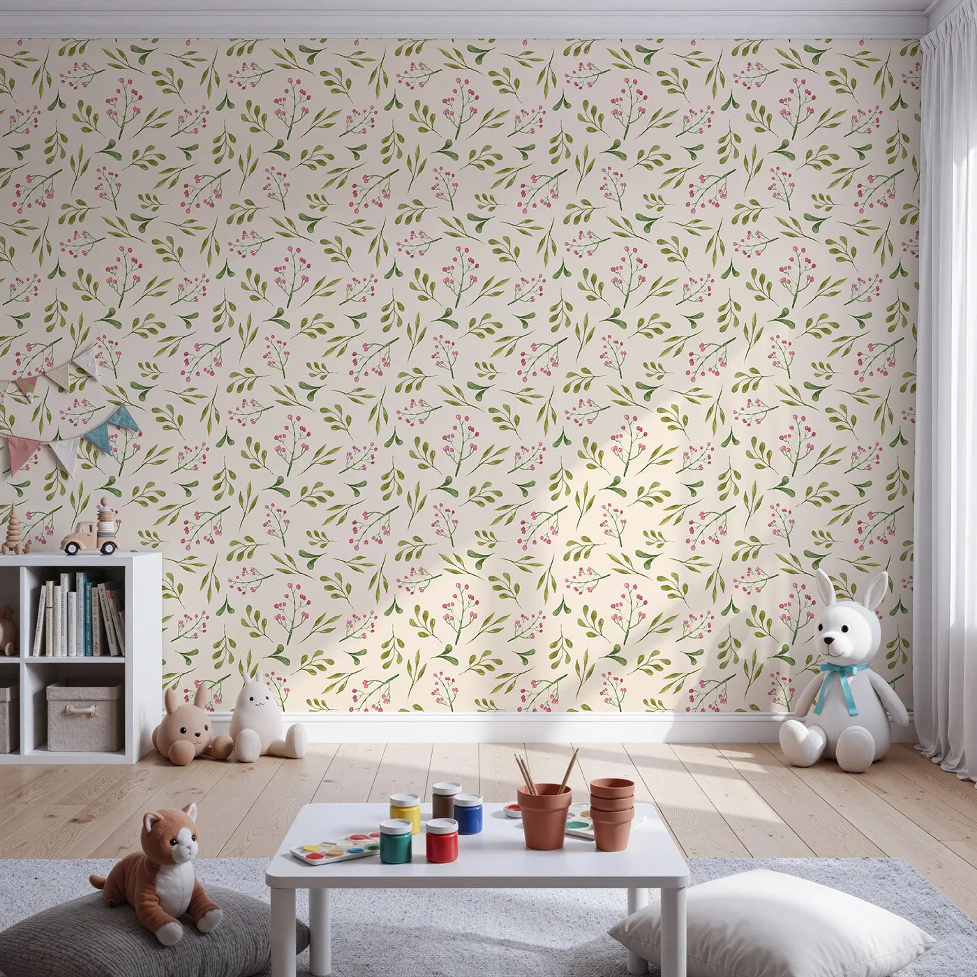Front view of Whimsy Tots' Botanical Berry Sprigs Wallpaper in Cream