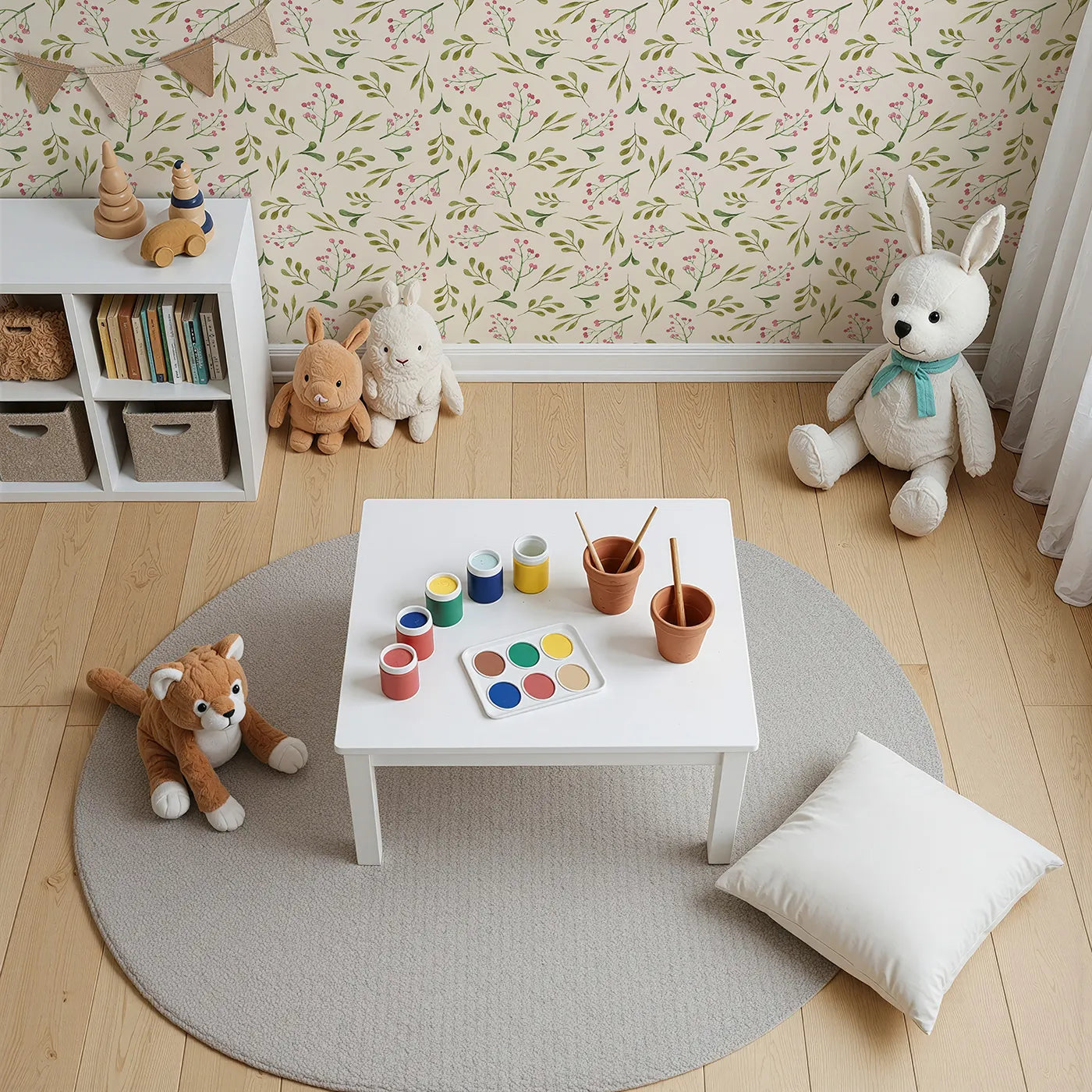 Top-Down view of Whimsy Tots' Botanical Berry Sprigs Wallpaper in Cream (W3265C).Soft berry sprigs and gentle leaves bloom across a cozy cream sky.