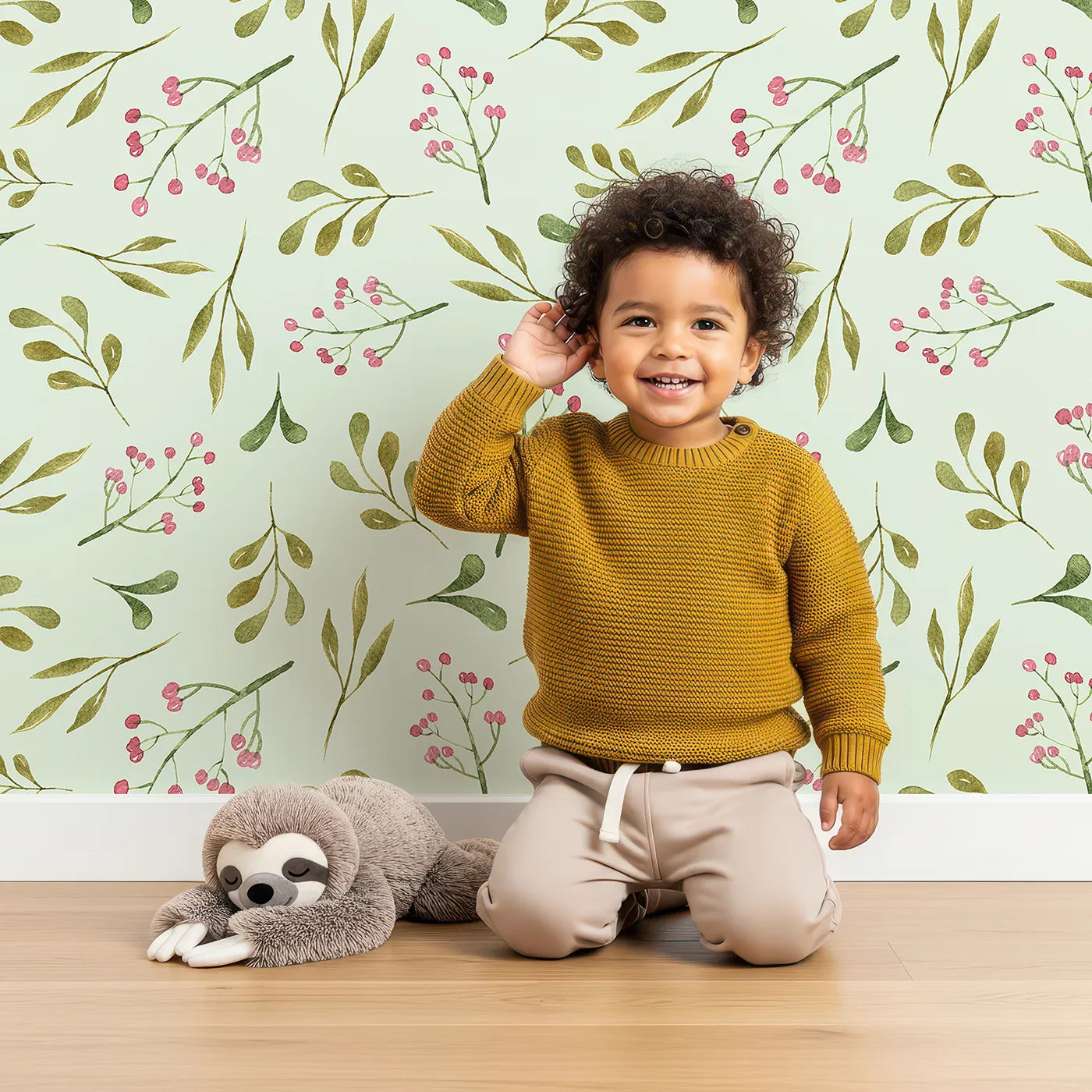 Lovely child standing in front of Whimsy Tots Botanical Berry Sprigs Wallpaper in Mint Green with berry, leaf, sprig in design.
