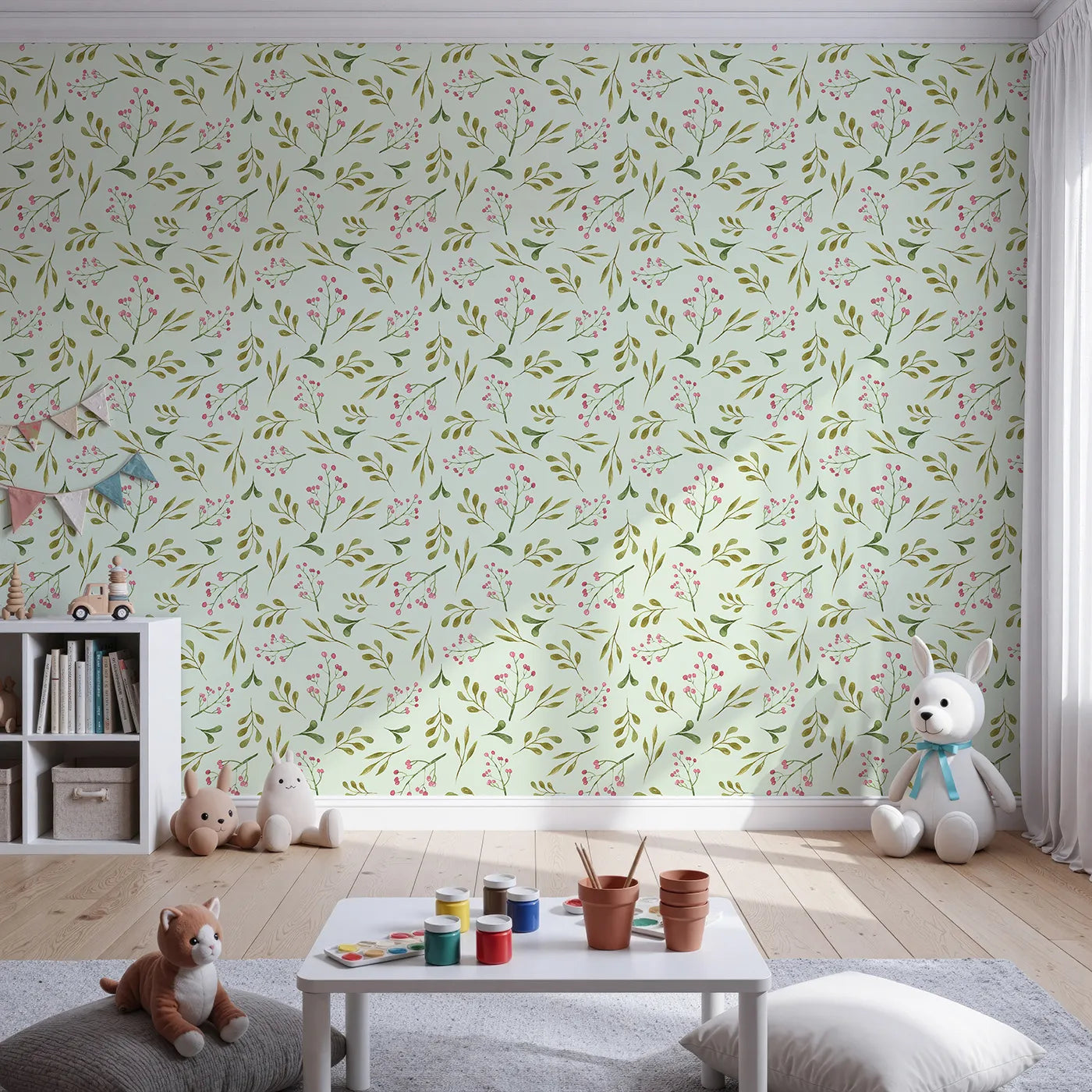 Front view of Whimsy Tots' Botanical Berry Sprigs Wallpaper in Mint Green