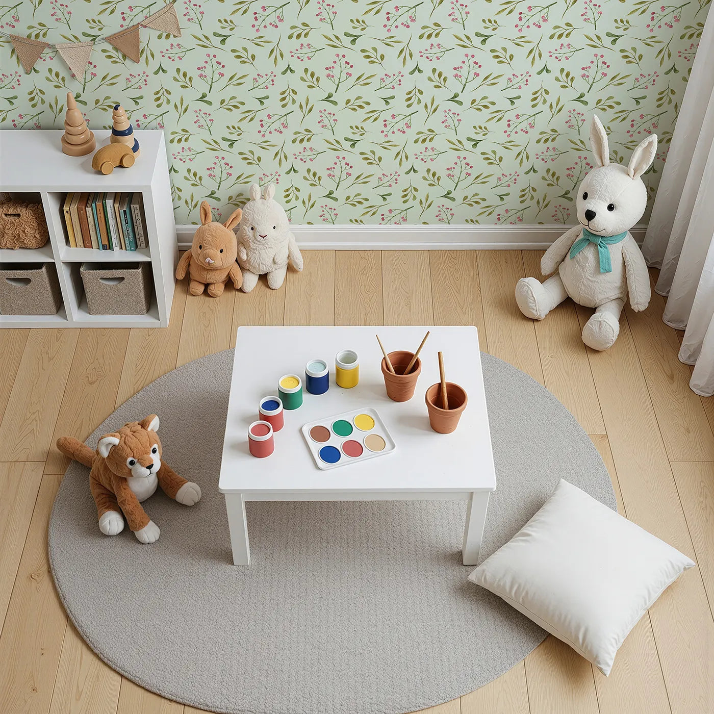 Top-Down view of Whimsy Tots' Botanical Berry Sprigs Wallpaper in Mint Green (W3265D).Spring green leaves and tiny berries drift on a minty breeze.