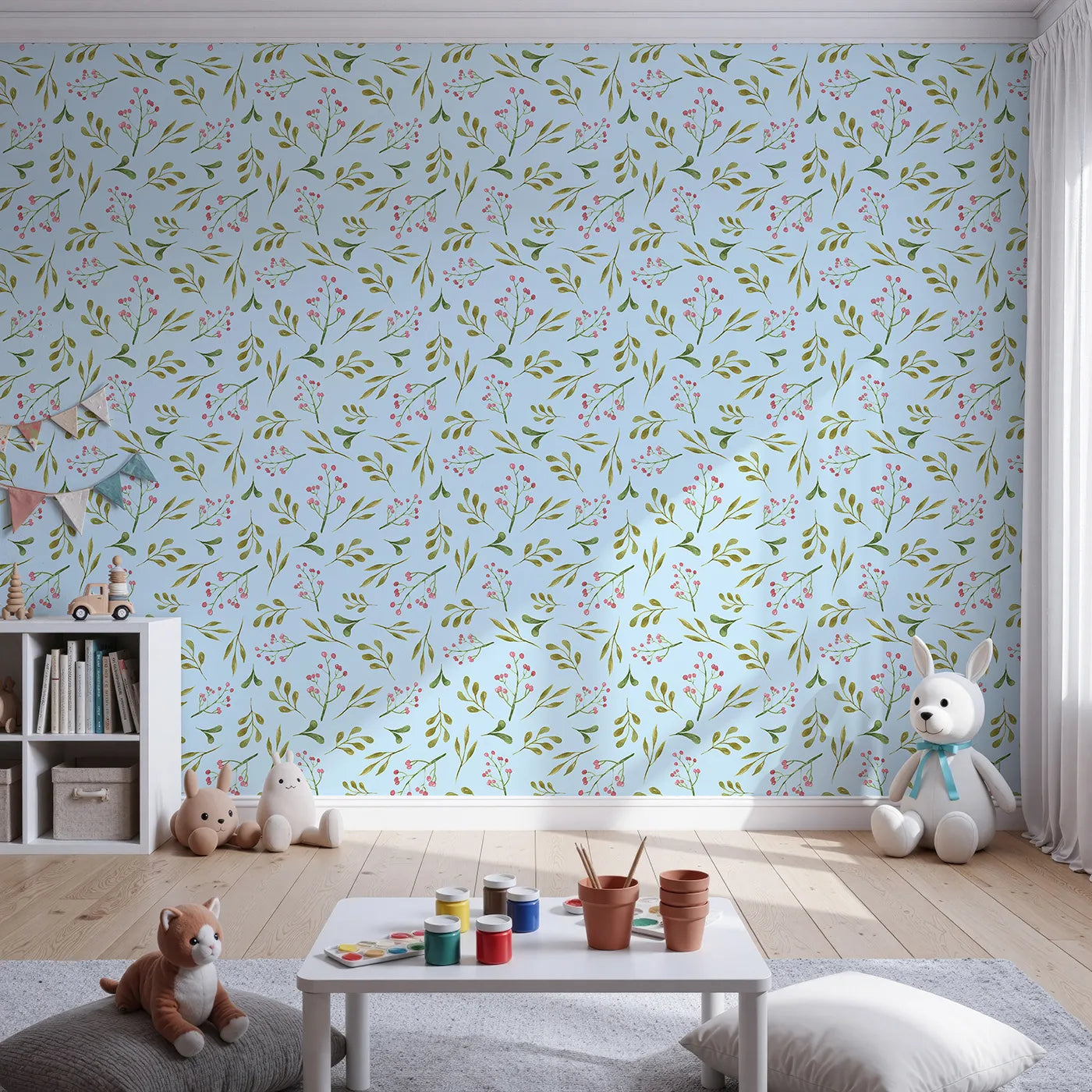 Front view of Whimsy Tots' Botanical Berry Sprigs Wallpaper in Sky Blue