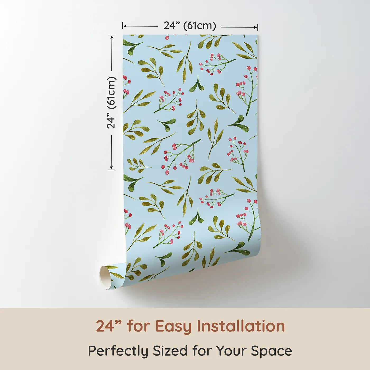 Dimension view of Whimsy Tots Botanical Berry Sprigs Wallpaper in Sky Blue (W3265E). Printed in 24-inch-wide panel for easy installation. Soft watercolor sprigs and berries flutter on a breezy blue sky.