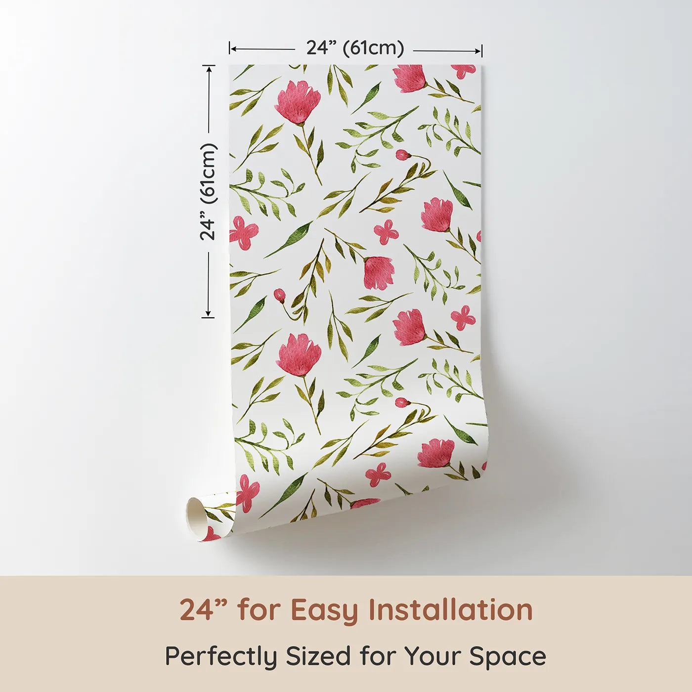 Dimension view of Whimsy Tots Blushing Petal Tangle Wallpaper in White (W3266A). Printed in 24-inch-wide panel for easy installation. Loose petals and leafy vines dance like springtime scribbles.