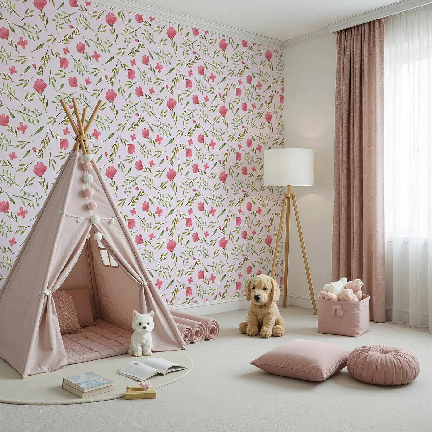 Angled view of Whimsy Tots' Blushing Petal Tangle Wallpaper in Blush Pink (W3266B).Soft pink petals and playful vines flutter across a blush breeze.