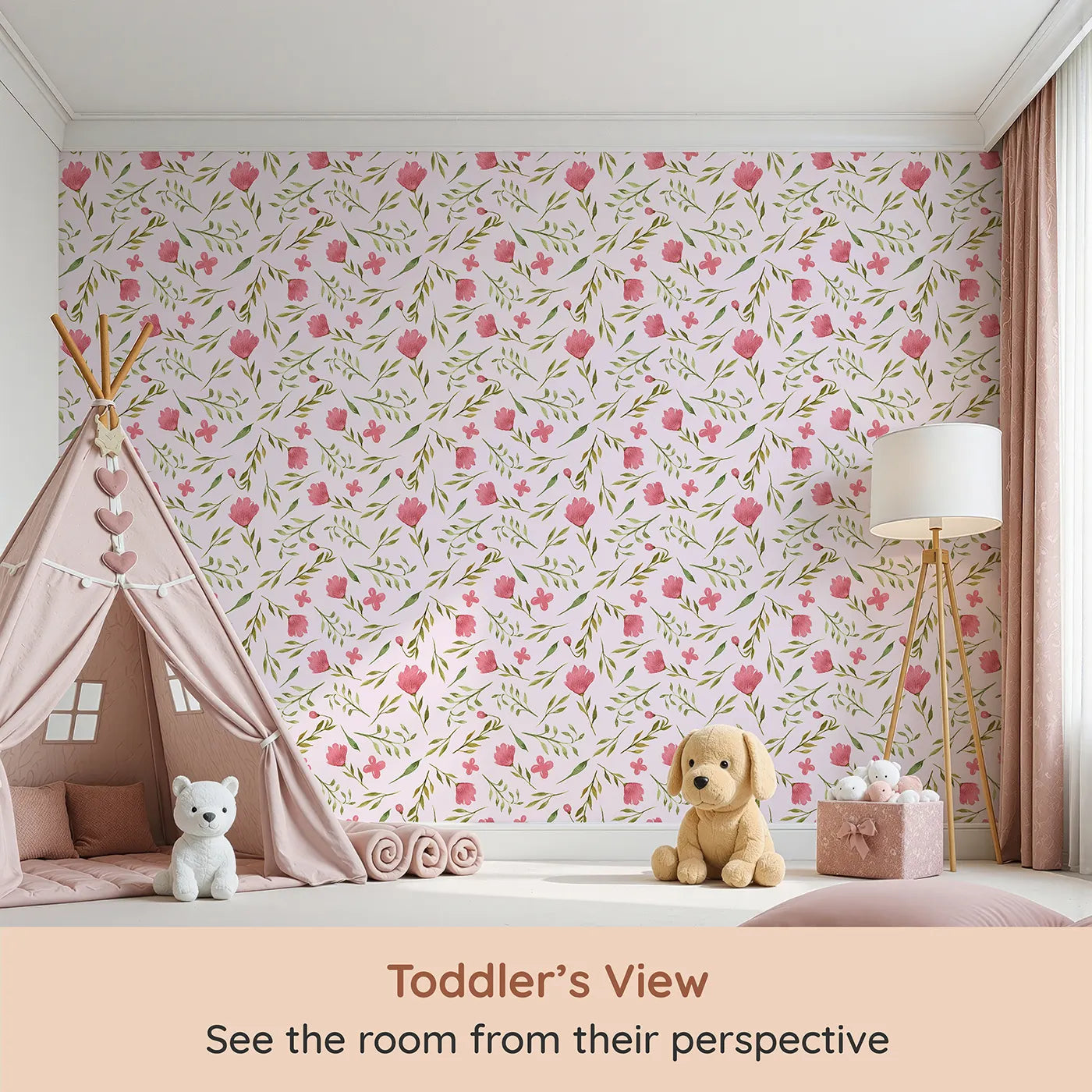 Whimsy Tots Blushing Petal Tangle Wallpaper in Blush Pink (W3266B) from your child's view.Soft pink petals and playful vines flutter across a blush breeze.