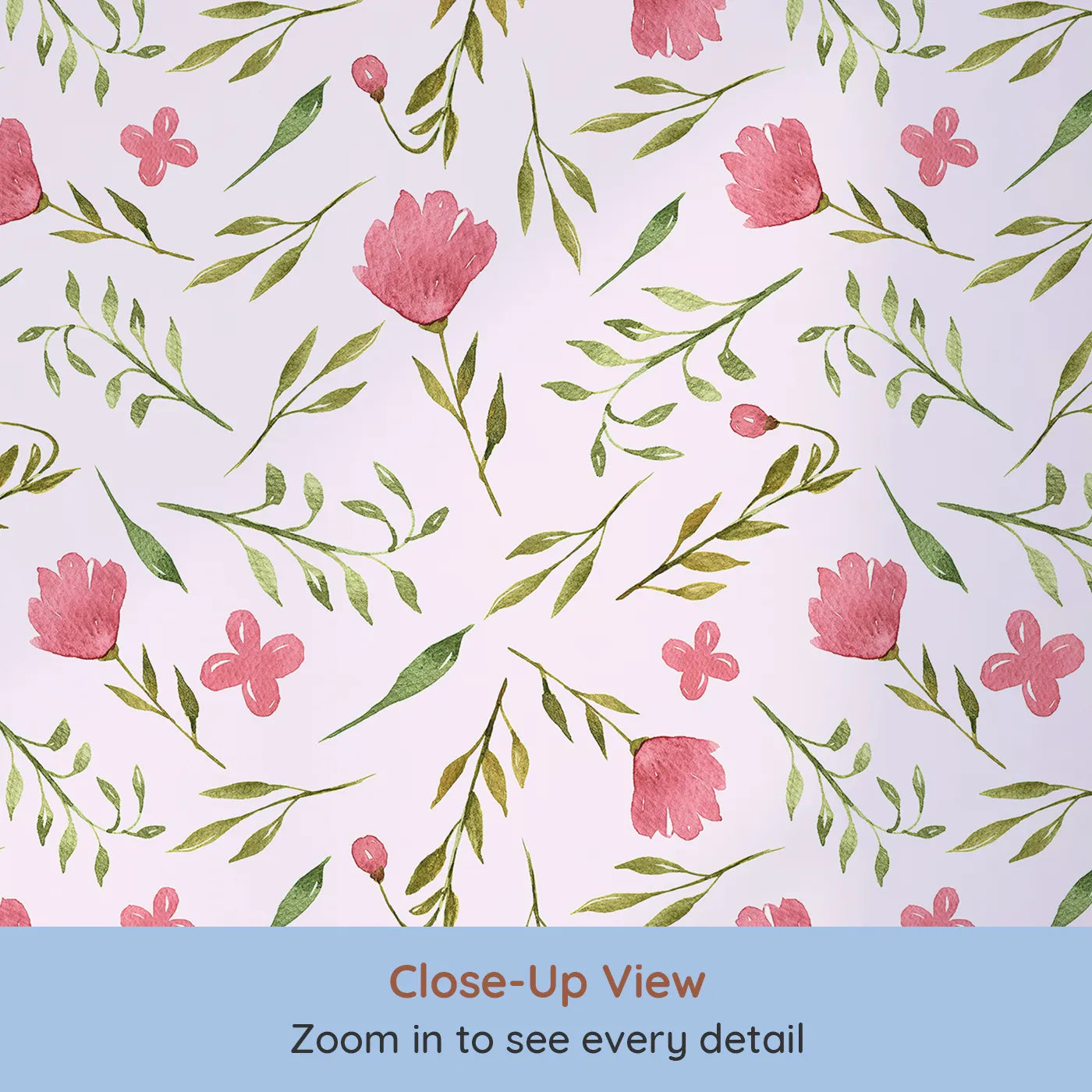 Close-up view of Whimsy Tots' Blushing Petal Tangle Wallpaper in Blush Pink (W3266B).Soft pink petals and playful vines flutter across a blush breeze.