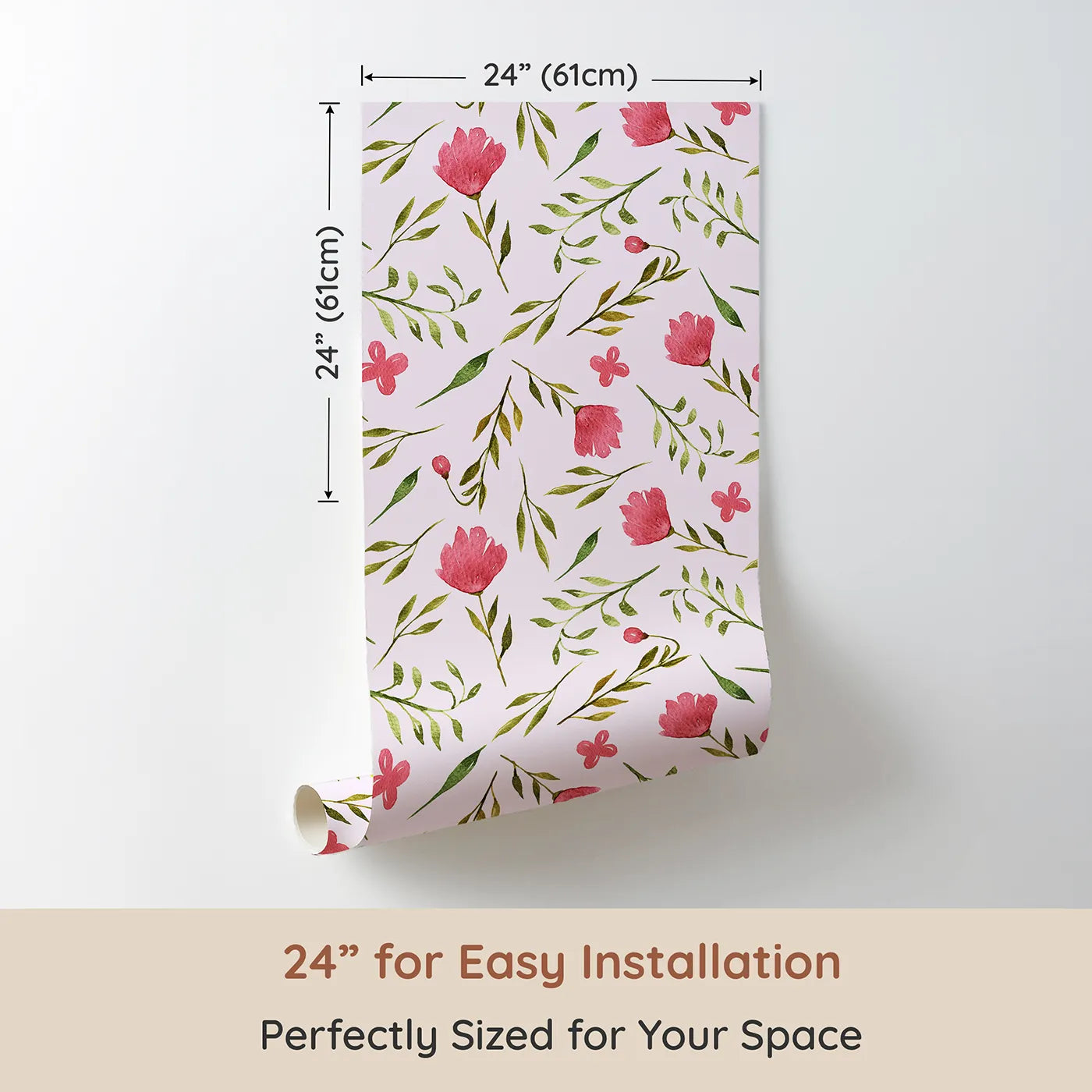 Dimension view of Whimsy Tots Blushing Petal Tangle Wallpaper in Blush Pink (W3266B). Printed in 24-inch-wide panel for easy installation. Soft pink petals and playful vines flutter across a blush breeze.