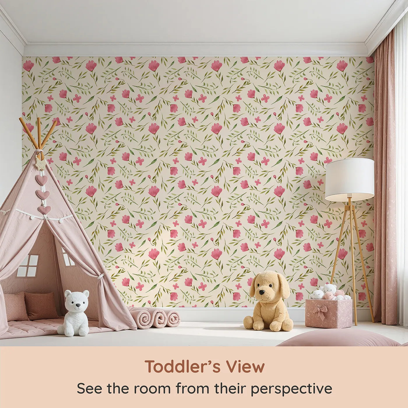 Whimsy Tots Blushing Petal Tangle Wallpaper in Cream (W3266C) from your child's view.Watercolor florals and leafy twigs tumble softly over warm cream.