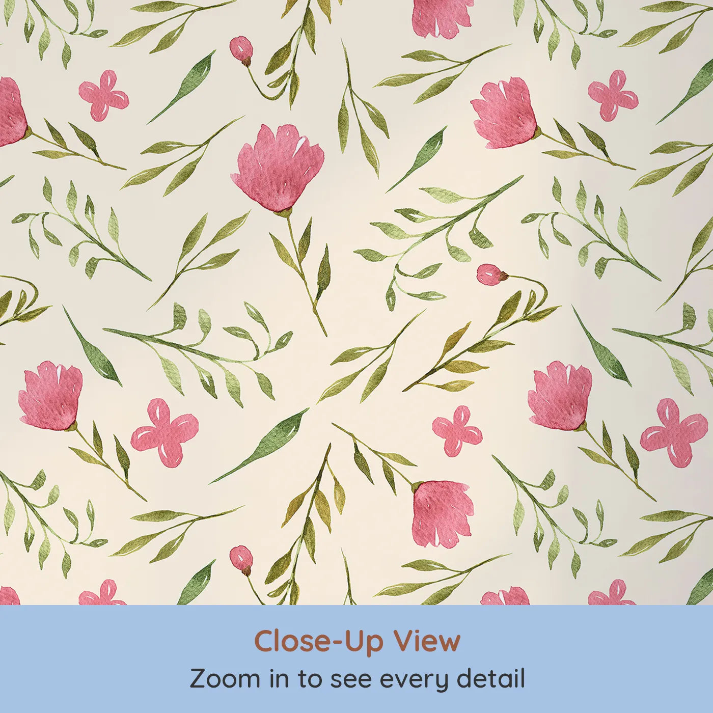 Close-up view of Whimsy Tots' Blushing Petal Tangle Wallpaper in Cream (W3266C).Watercolor florals and leafy twigs tumble softly over warm cream.