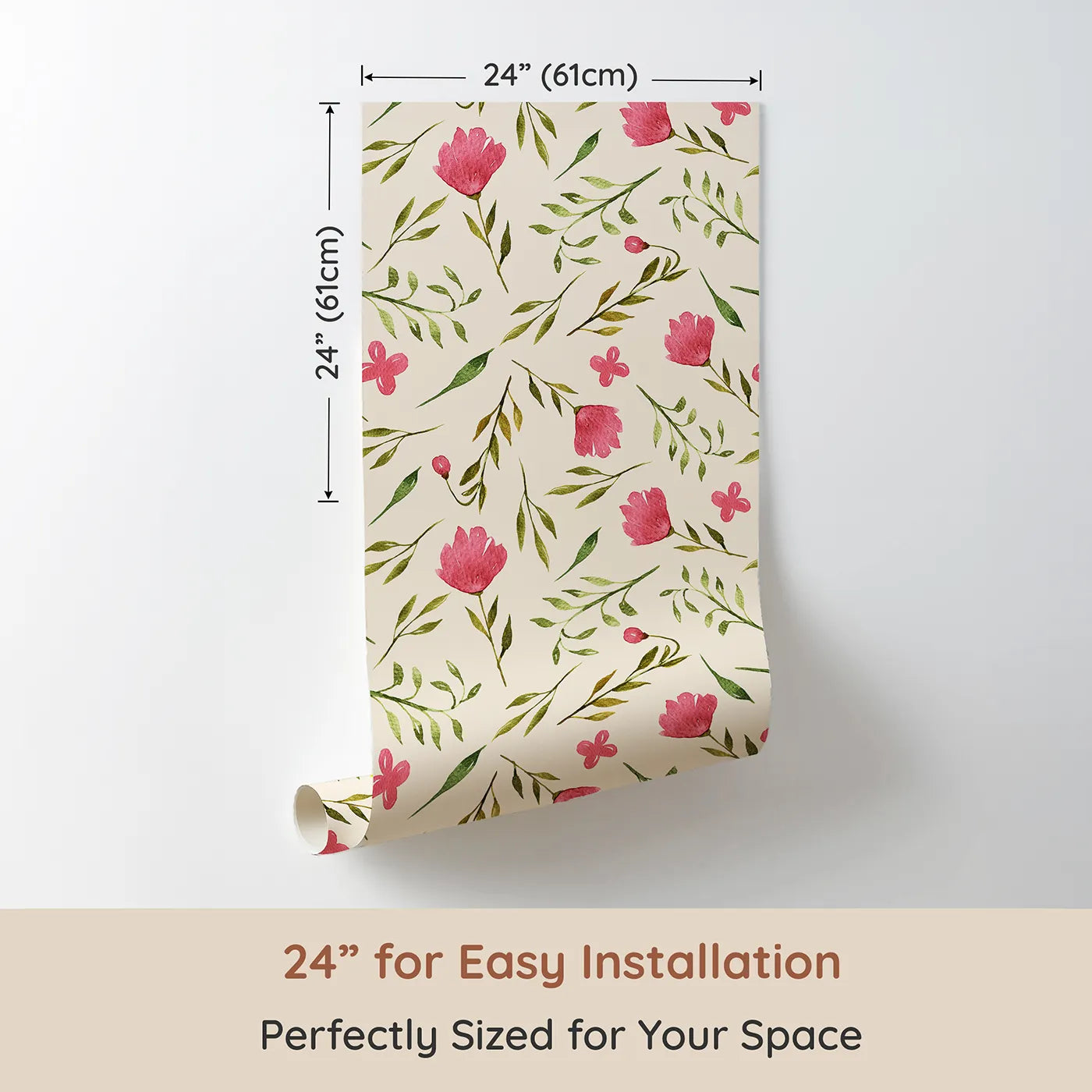 Dimension view of Whimsy Tots Blushing Petal Tangle Wallpaper in Cream (W3266C). Printed in 24-inch-wide panel for easy installation. Watercolor florals and leafy twigs tumble softly over warm cream.