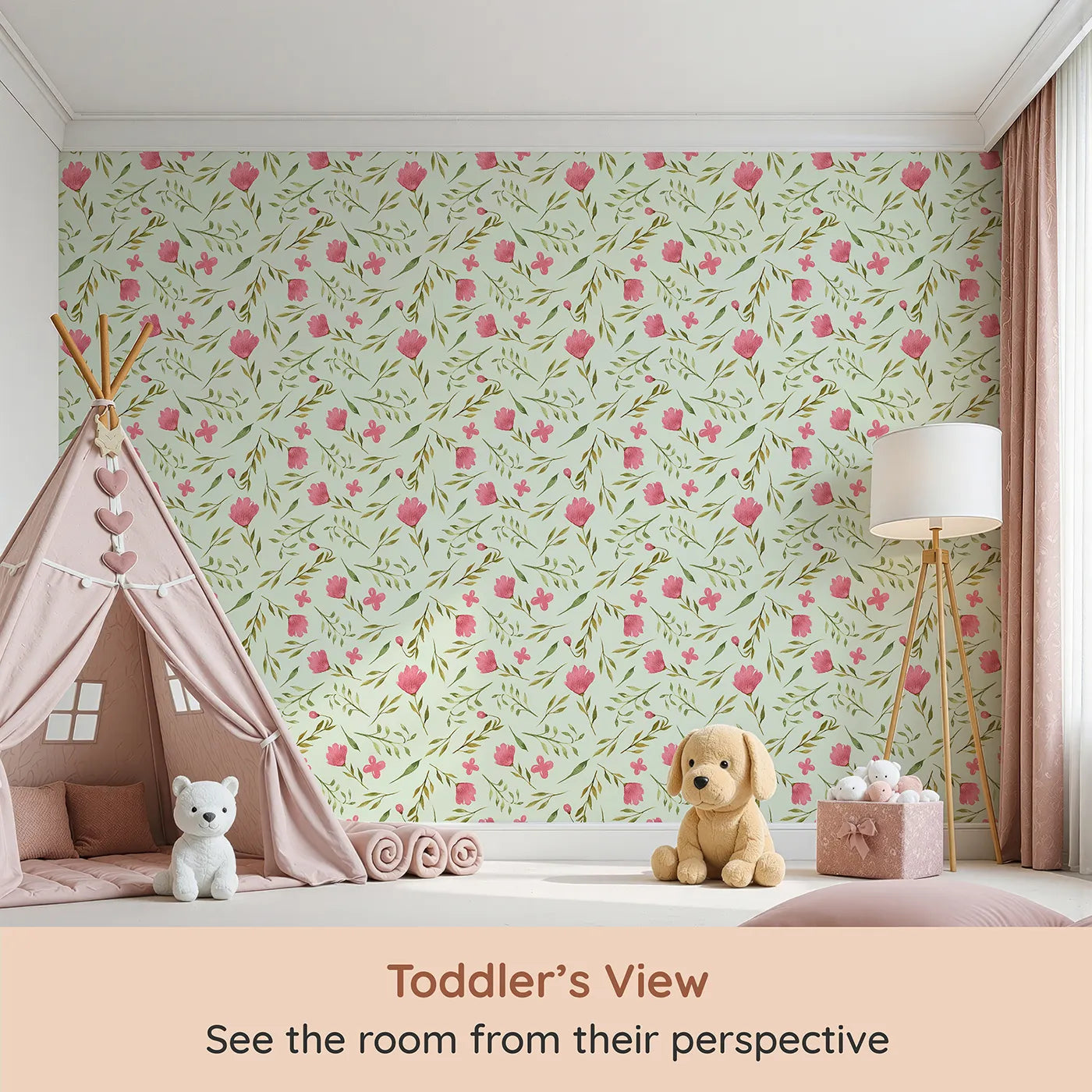 Whimsy Tots Blushing Petal Tangle Wallpaper in Mint Green (W3266D) from your child's view.Pink florals and leafy scribbles bloom on a minty breeze.