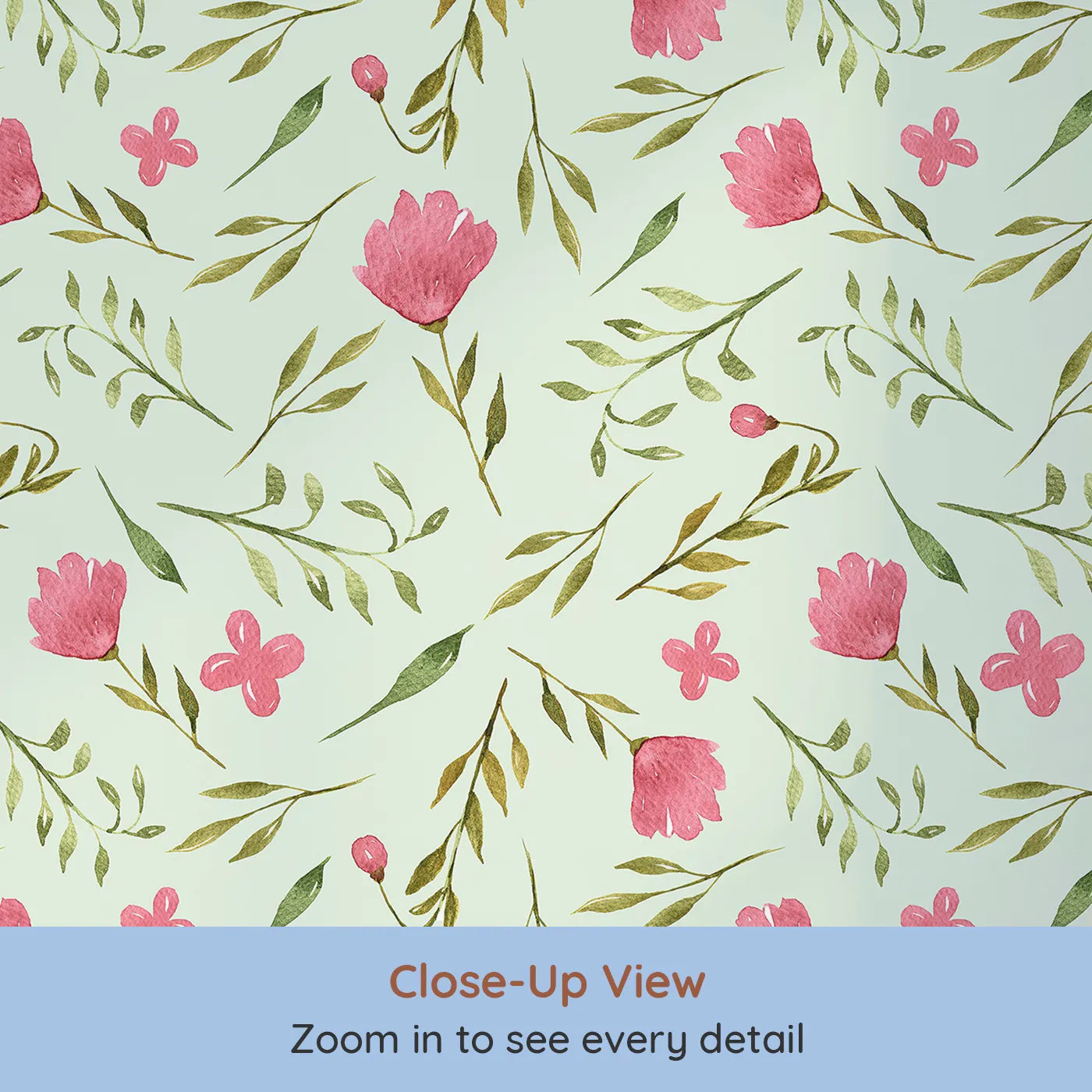 Close-up view of Whimsy Tots' Blushing Petal Tangle Wallpaper in Mint Green (W3266D).Pink florals and leafy scribbles bloom on a minty breeze.