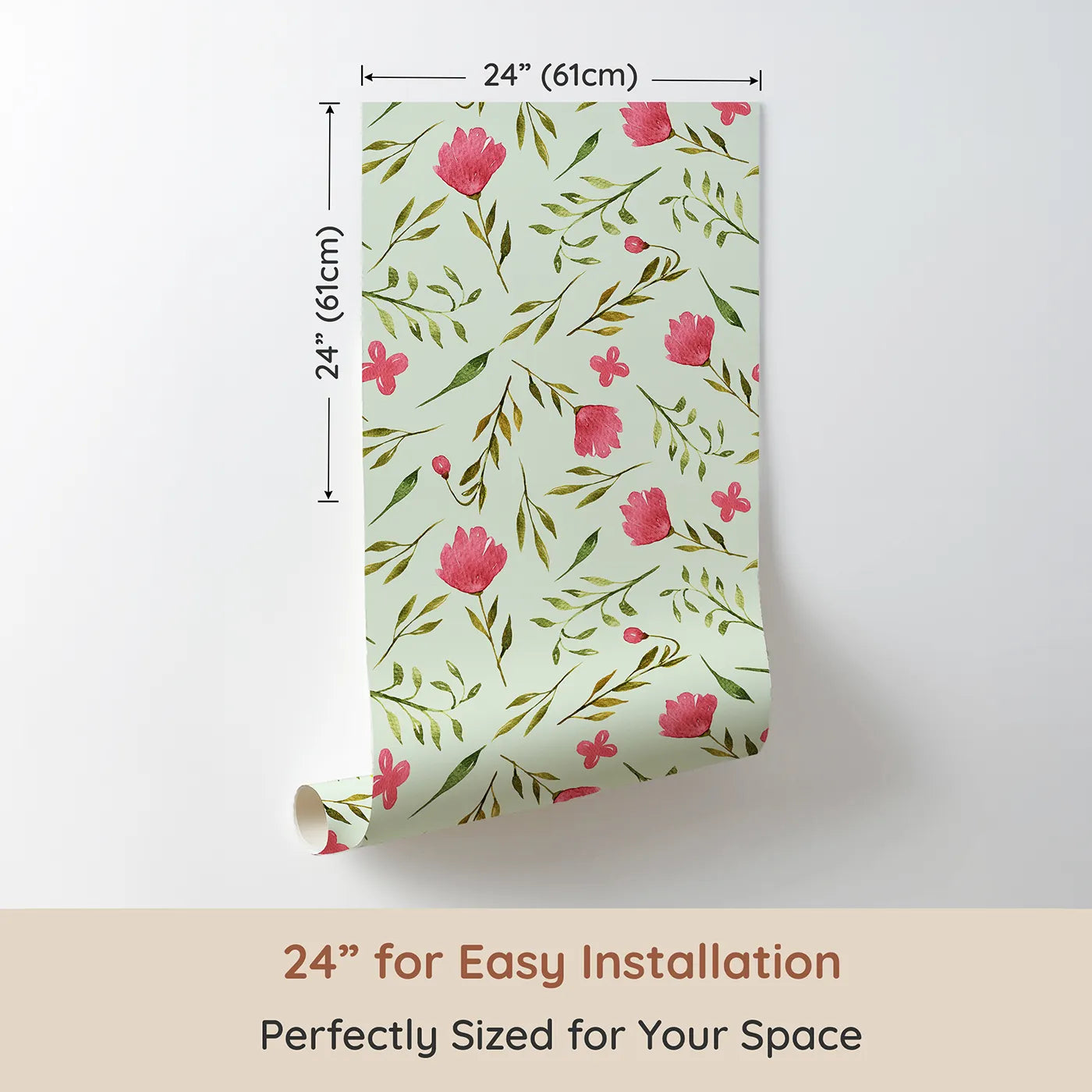 Dimension view of Whimsy Tots Blushing Petal Tangle Wallpaper in Mint Green (W3266D). Printed in 24-inch-wide panel for easy installation. Pink florals and leafy scribbles bloom on a minty breeze.