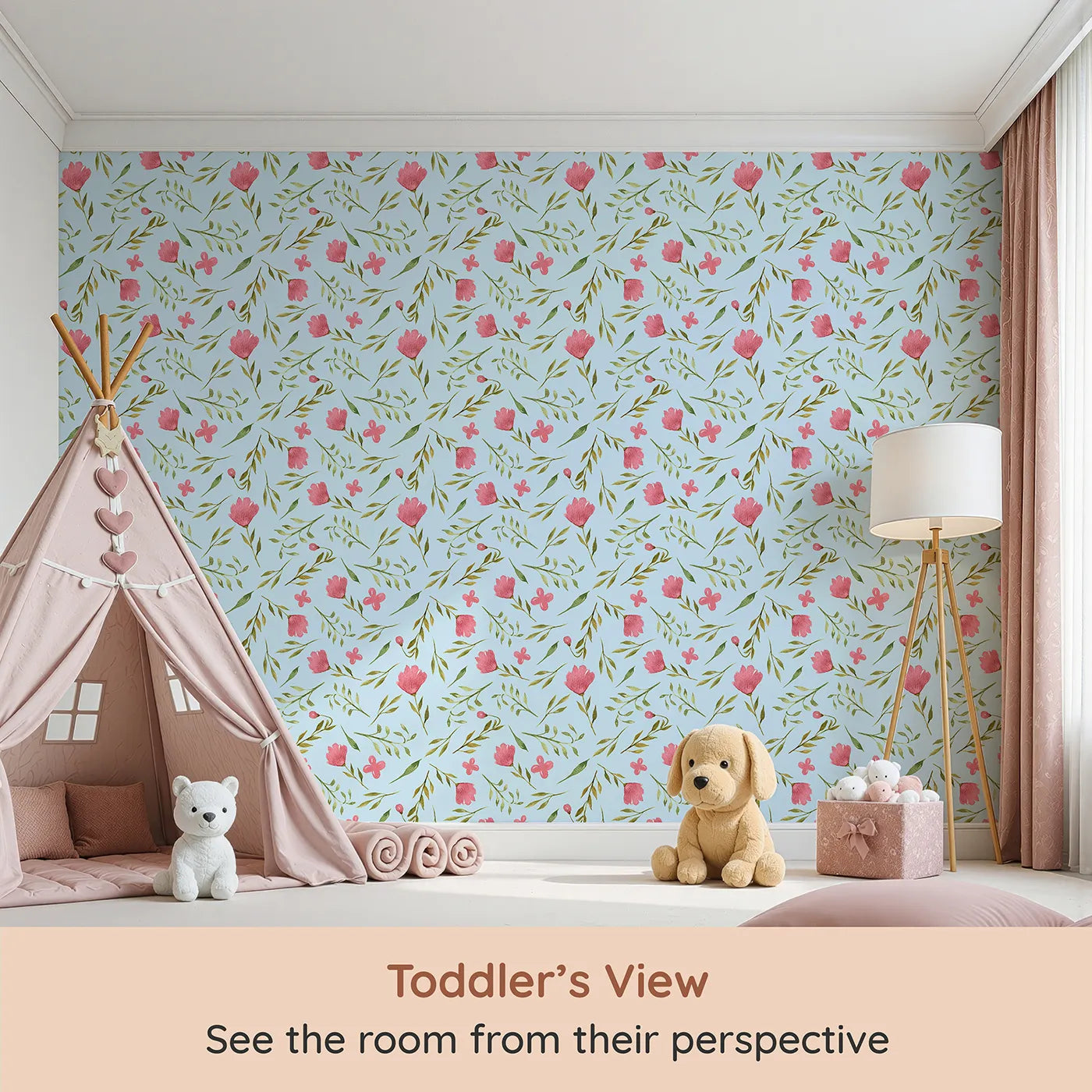 Whimsy Tots Blushing Petal Tangle Wallpaper in Sky (W3266E) from your child's view.Bright florals and winding stems bloom under blue skies.