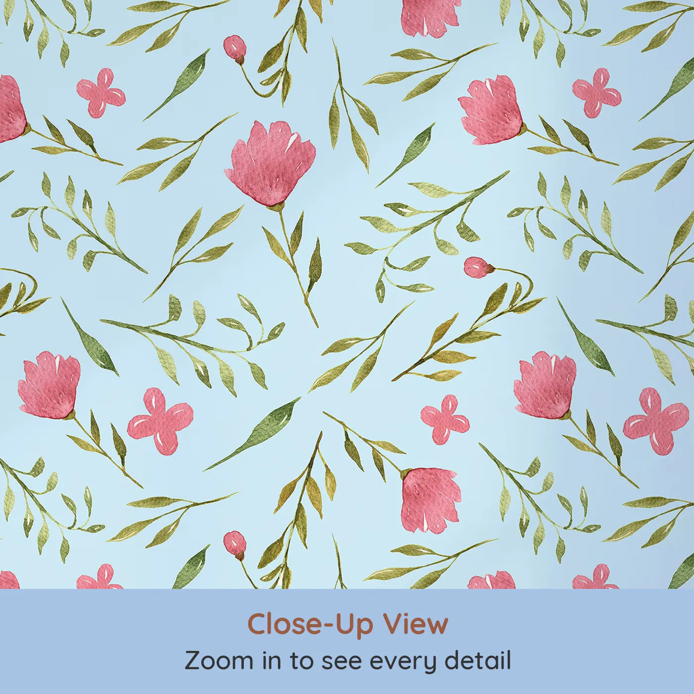 Close-up view of Whimsy Tots' Blushing Petal Tangle Wallpaper in Sky (W3266E).Bright florals and winding stems bloom under blue skies.
