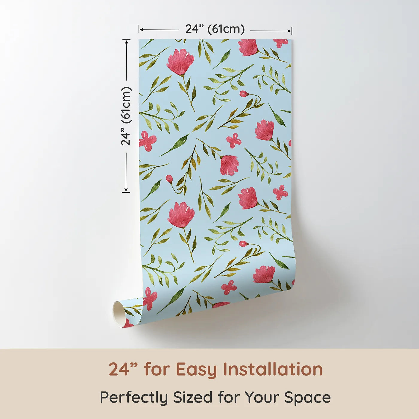 Dimension view of Whimsy Tots Blushing Petal Tangle Wallpaper in Sky (W3266E). Printed in 24-inch-wide panel for easy installation. Bright florals and winding stems bloom under blue skies.