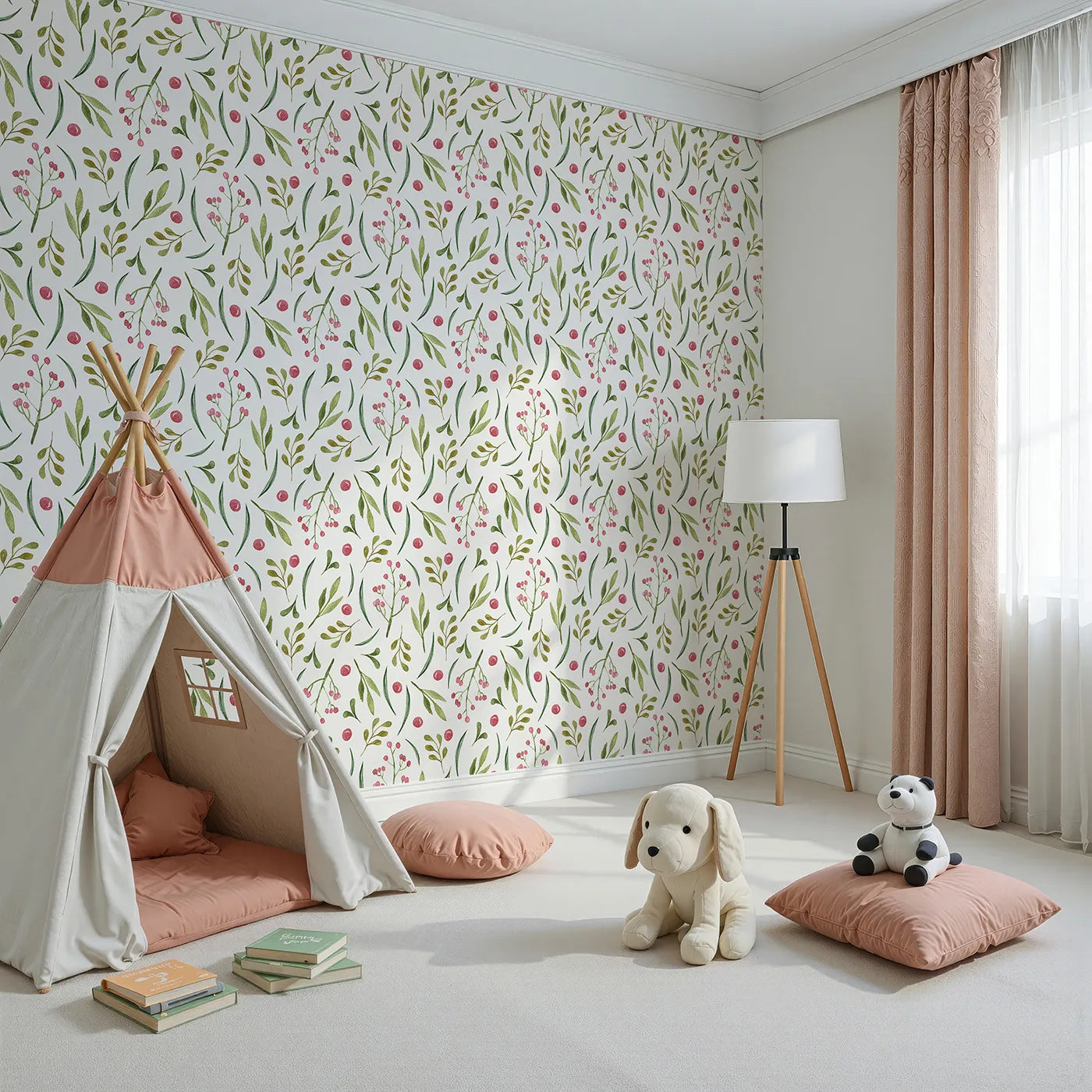 Angled view of Whimsy Tots' Berry Leaf Doodle Wallpaper in White (W3267A).Berry dots and leafy sketches dance in gentle rhythm.