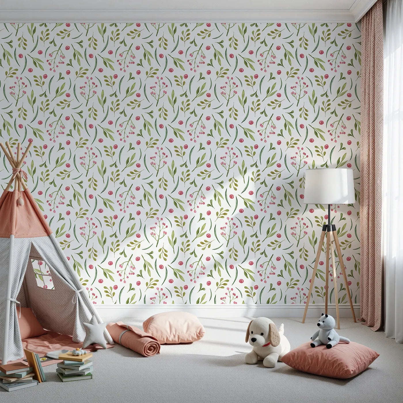 Front view of Whimsy Tots' Berry Leaf Doodle Wallpaper in White