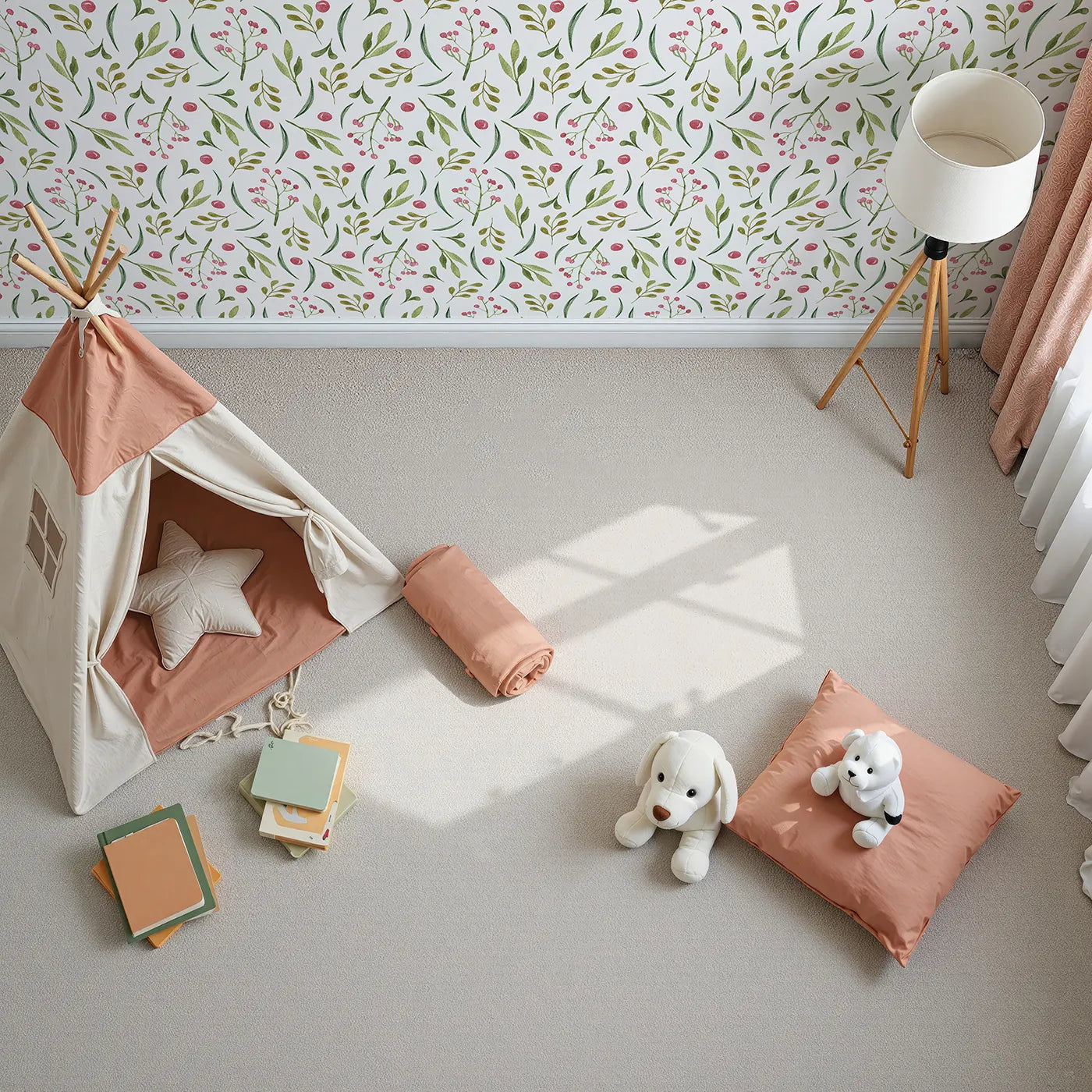 Top-Down view of Whimsy Tots' Berry Leaf Doodle Wallpaper in White (W3267A).Berry dots and leafy sketches dance in gentle rhythm.