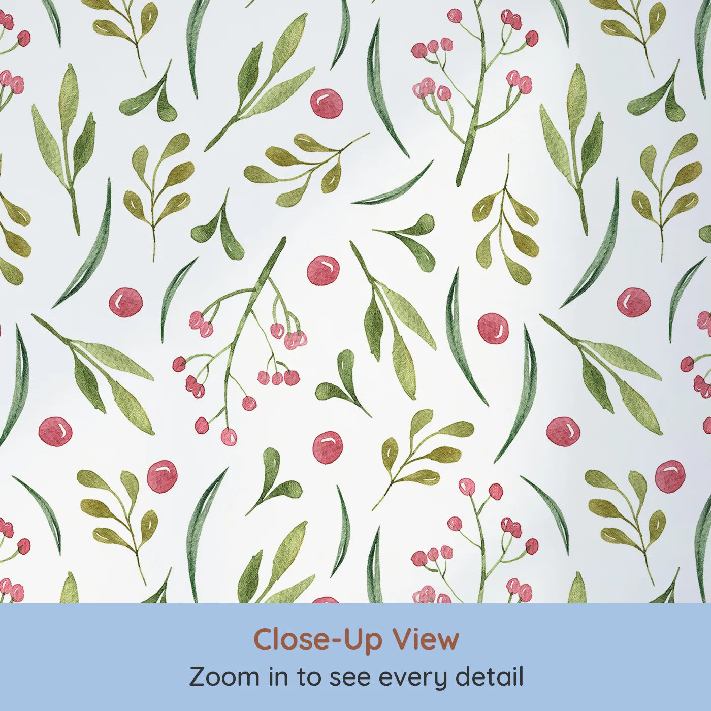 Close-up view of Whimsy Tots' Berry Leaf Doodle Wallpaper in White (W3267A).Berry dots and leafy sketches dance in gentle rhythm.