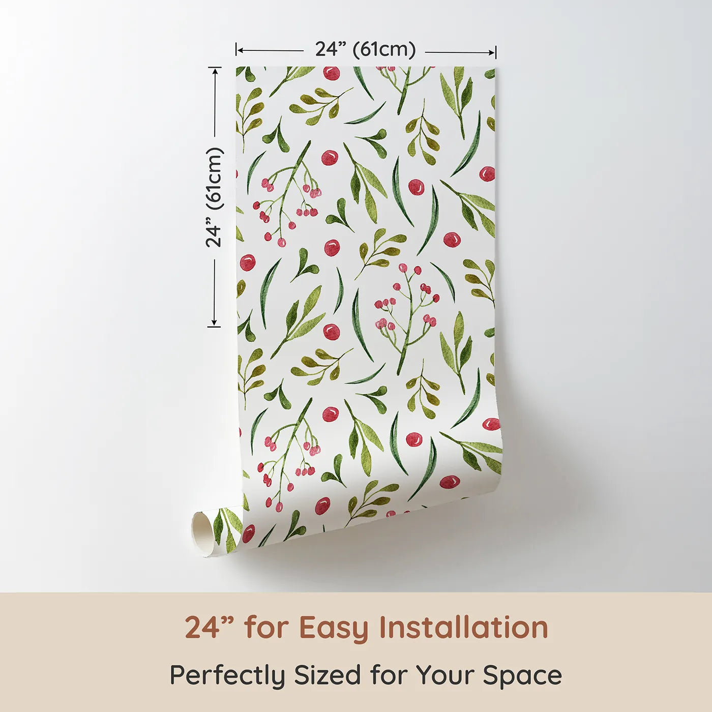 Dimension view of Whimsy Tots Berry Leaf Doodle Wallpaper in White (W3267A). Printed in 24-inch-wide panel for easy installation. Berry dots and leafy sketches dance in gentle rhythm.