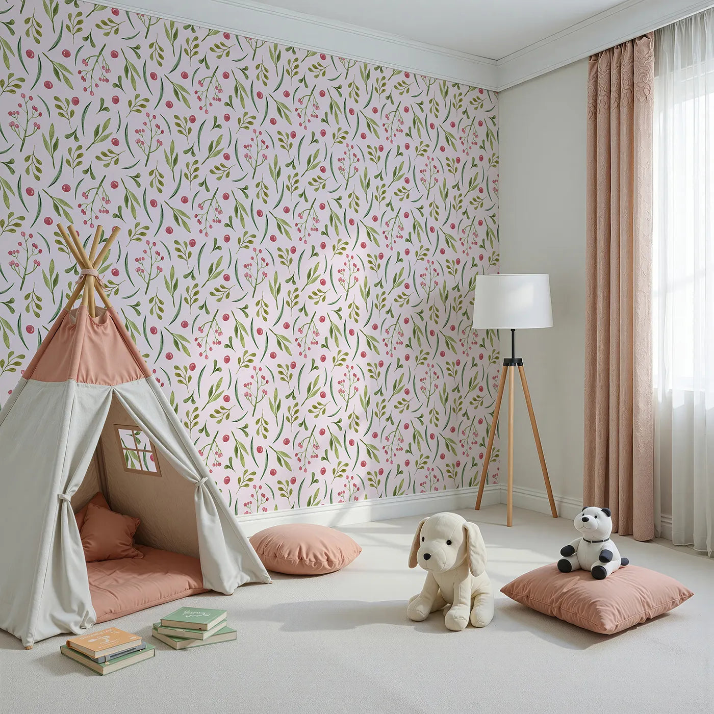 Angled view of Whimsy Tots' Berry Leaf Doodle Wallpaper in Blush Pink (W3267B).Watercolor berries and leafy twigs play across a soft blush breeze.