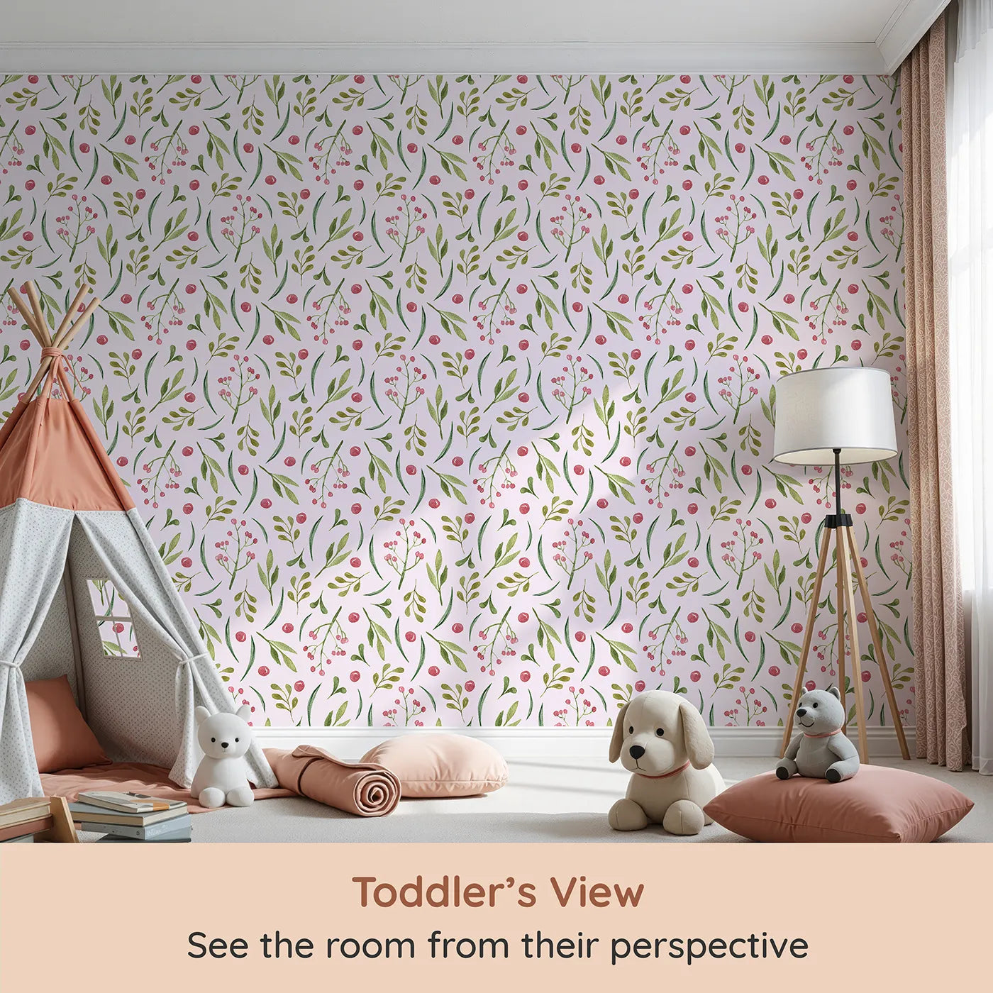 Whimsy Tots Berry Leaf Doodle Wallpaper in Blush Pink (W3267B) from your child's view.Watercolor berries and leafy twigs play across a soft blush breeze.