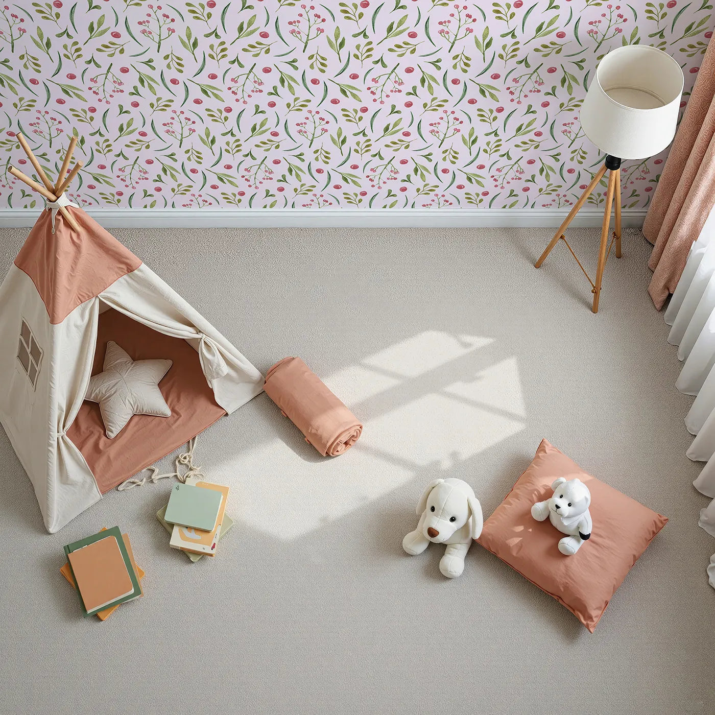 Top-Down view of Whimsy Tots' Berry Leaf Doodle Wallpaper in Blush Pink (W3267B).Watercolor berries and leafy twigs play across a soft blush breeze.